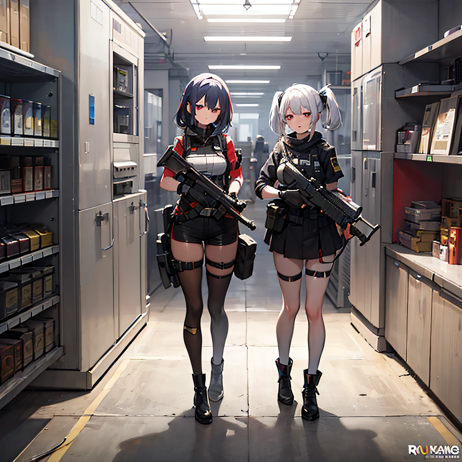 ((high quality)), ((masterpiece)), 8k, 2girls, bulletproof vest, rays of light, extremely detailed CG unity 8k wallpaper, game cg, looking at viewer, gloves, boots, full body, watch, computer, mask, no man-machine, robotic arm,