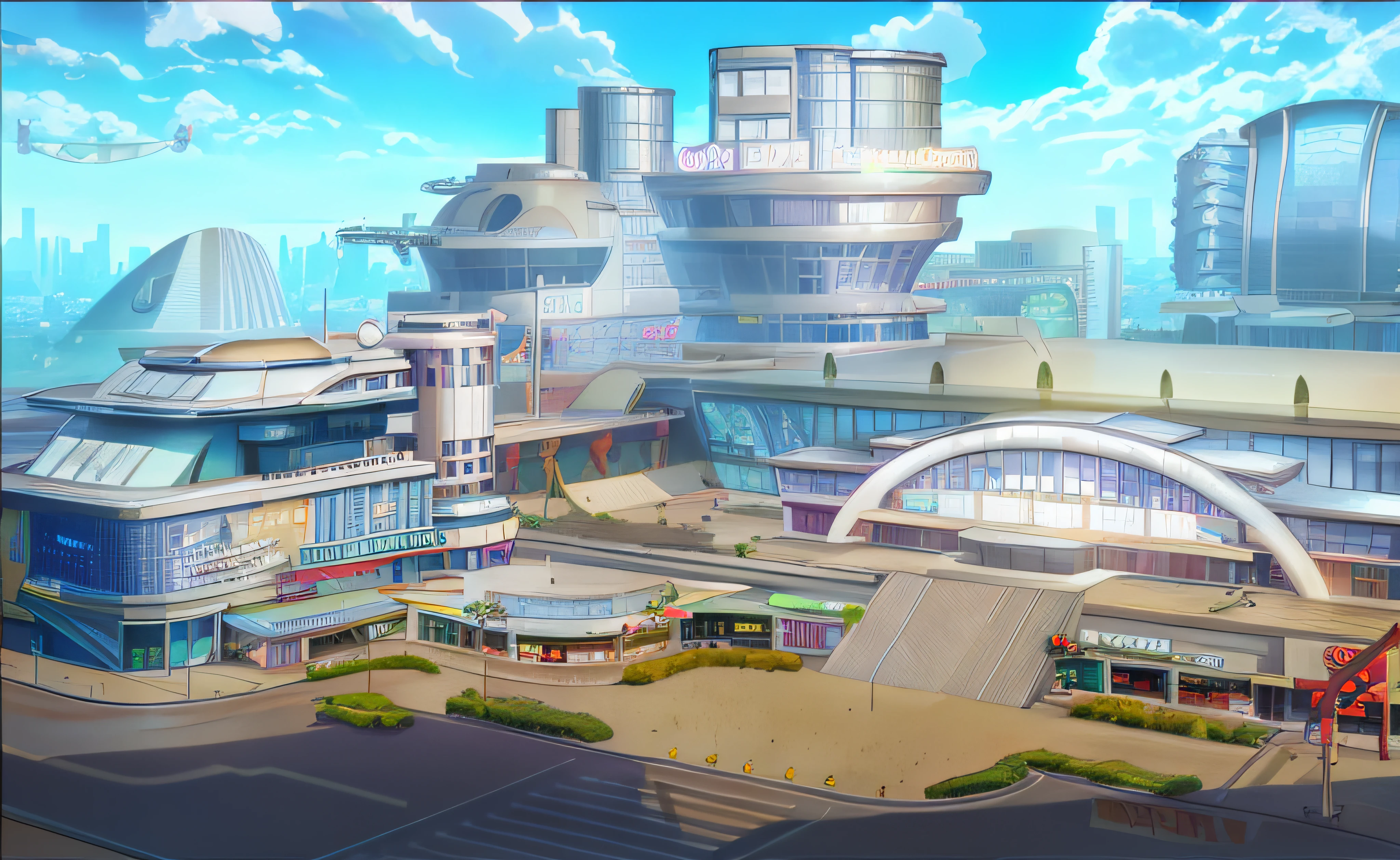anime city with a lot of buildings and a lot of cars, anime style cityscape, town center background, mall background, hd anime cityscape, anime scenery concept art, futuristic city backgrond, art deco outrun anime aesthestic, space port city, highschool background, futuristic city backdrop, in fantasy sci - fi city, cybernetic city background, background artwork