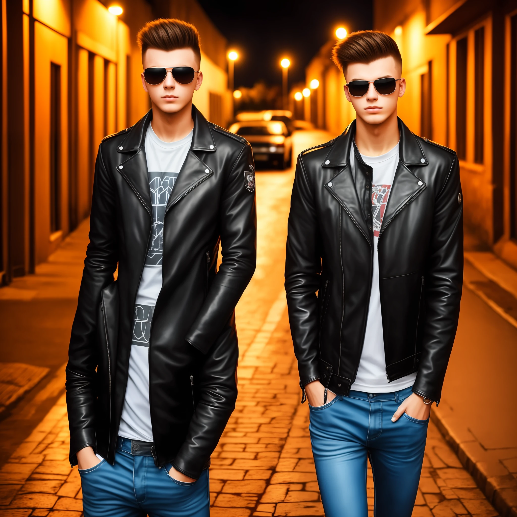 Young, 20 years old, Russian, 1980,punk,Eastern Russia, leather jacket, sunglasses, night on a dark street --auto