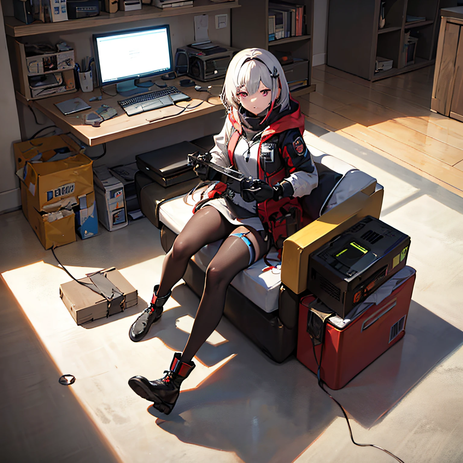 ((high quality)), ((masterpiece)), 8k, 2girls, , light, extremely detailed CG unity 8k wallpaper, game cg, looking at the audience, gloves, boots, full body, watch, computer, mask, drone, robotic arm, city, neon, best quality