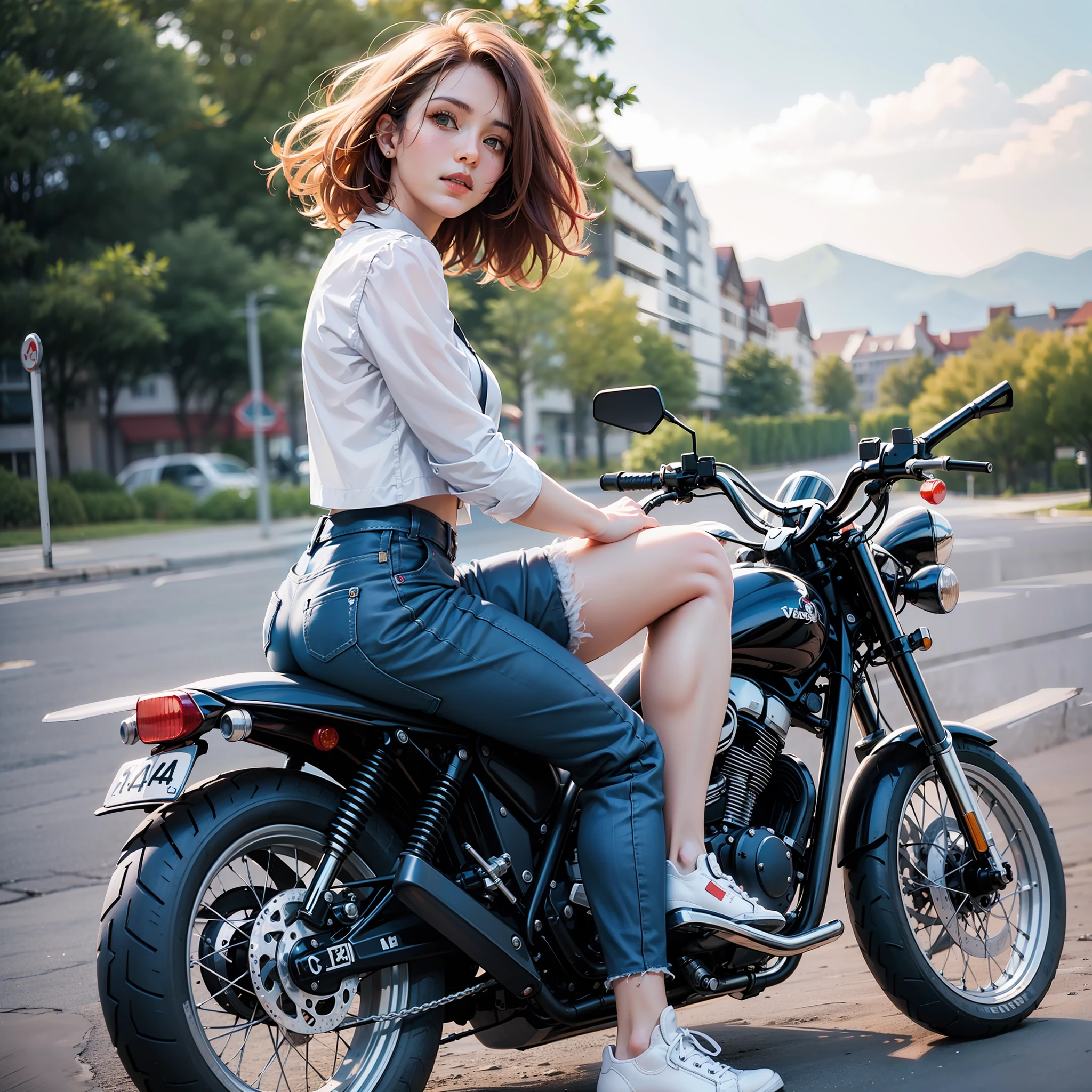 8K, Best Quality, Masterpiece, Ultra High Resolution, (Realism: 1.4), Original Photo, (Realistic Skin Texture: 1.3), (Film Grain: 1.3), (Selfie Angle). 1 girl in motobike ,full body, beautiful eyes, red/short hair, black vest,white short skirt,white sneaker shoes.