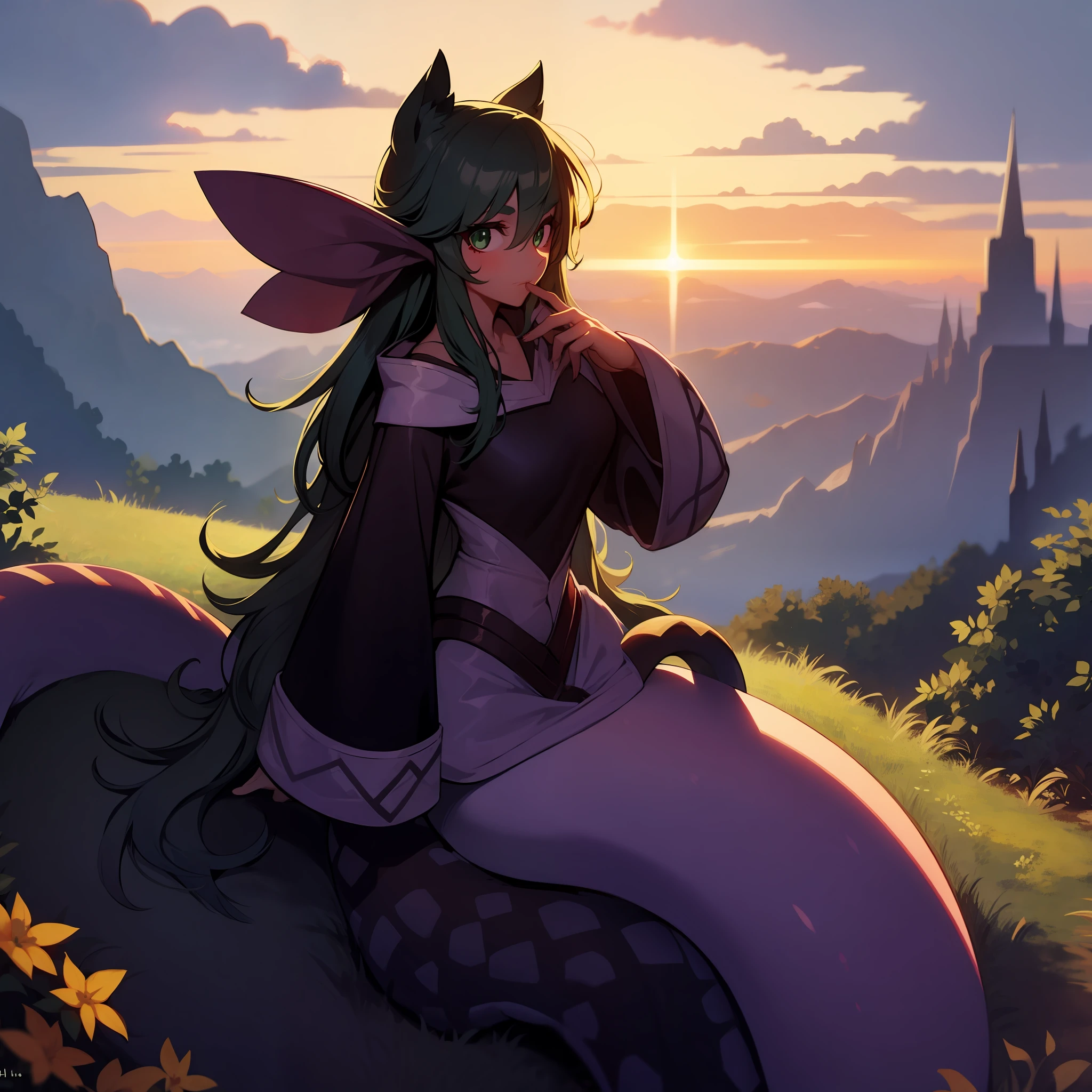Snake girl with light green hair, dark green eyes, snake-like eyes