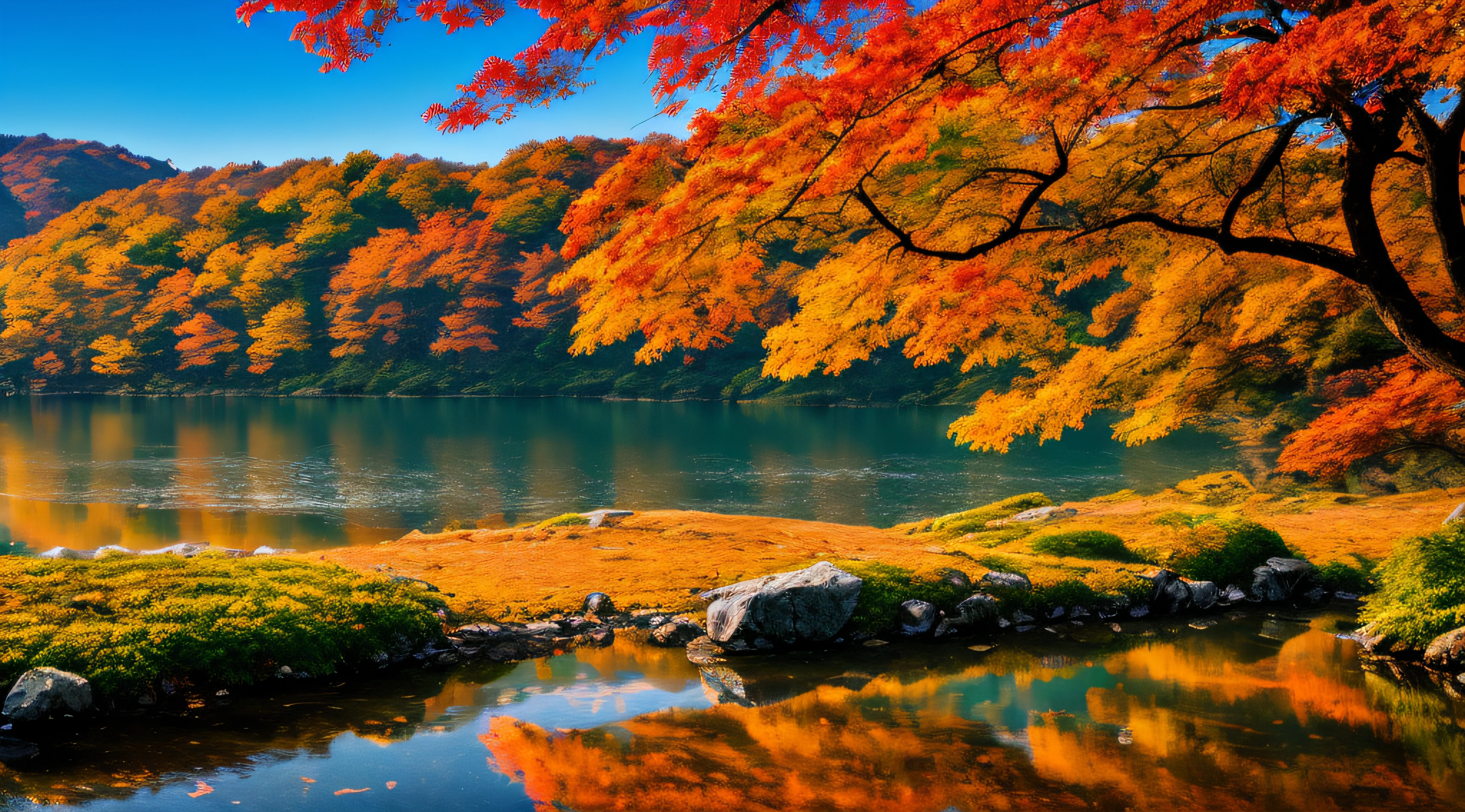 Beautiful mountains and lakes of Korea with autumn leaves, (masterpiece), (portrait), (raw photo), (highly detailed CG Unity 8k wallpaper) Intricate and clear focus, dramatic and realistic art
