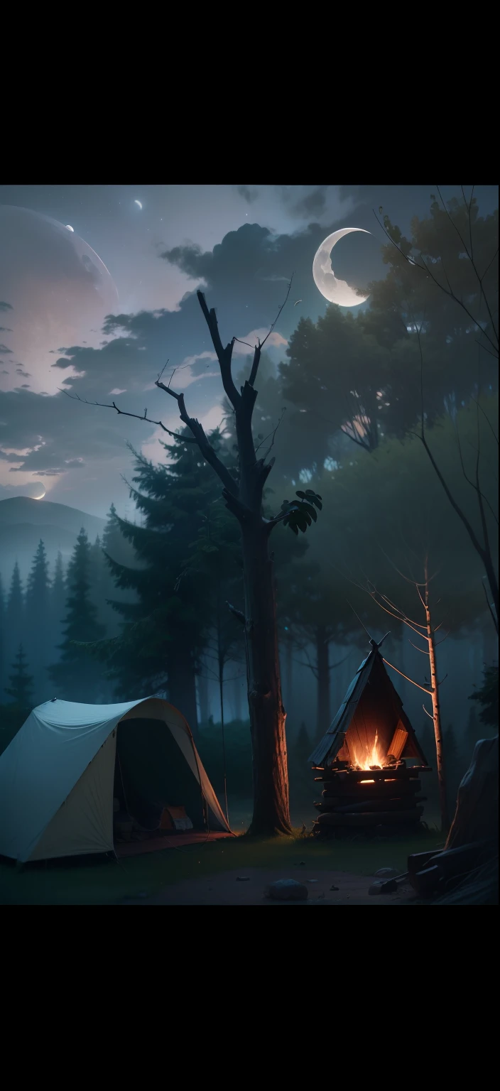 (best quality, ultra detailed, position and aspect maintained), super realistic, high resolution (8K) a dry tree, hut, moon, campfire --auto