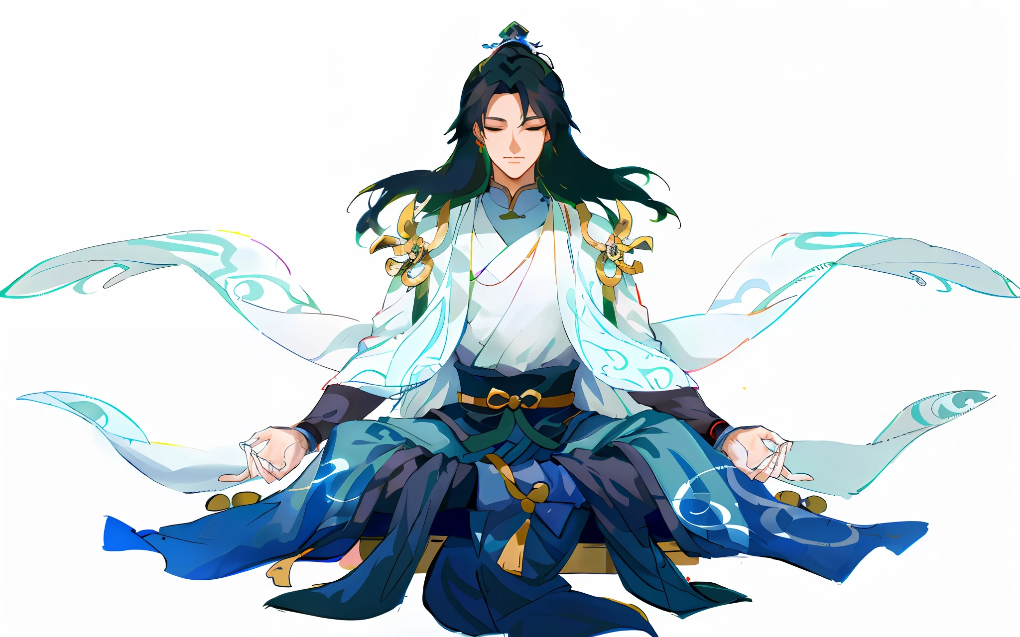 Anime characters sitting in lotus position, flowing hair, Kurose Jinyao, flowing hair and robes, Zhao Yun, Taoist monk, Onmyoji, full body fairy, Onmyoji detailed art, Taoism, inspired by Zhao Yuan, Taoist master, inspired by Guan Daosheng, fairy hero, Bian Lian, Xiu Xian, closed eyes, detailed facial features, normal fingers
