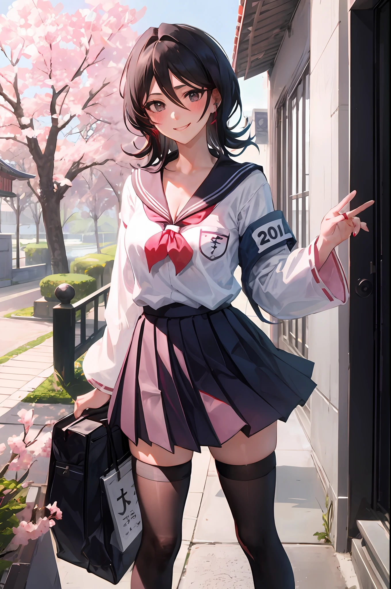 Rukia kuchiki, 1girl, solo, ((sailor uniform)), black thighhighs, breasts, cleavage, pleated skirt, hair between eyes, medium breasts, looking at viewer, messy hair, black hair, pink short nails, solo, thighhighs, thighs, ((masterpiece)), standing, ear piercing, sexy pose, blush, shy, smile, japanese temple, sakura tree,