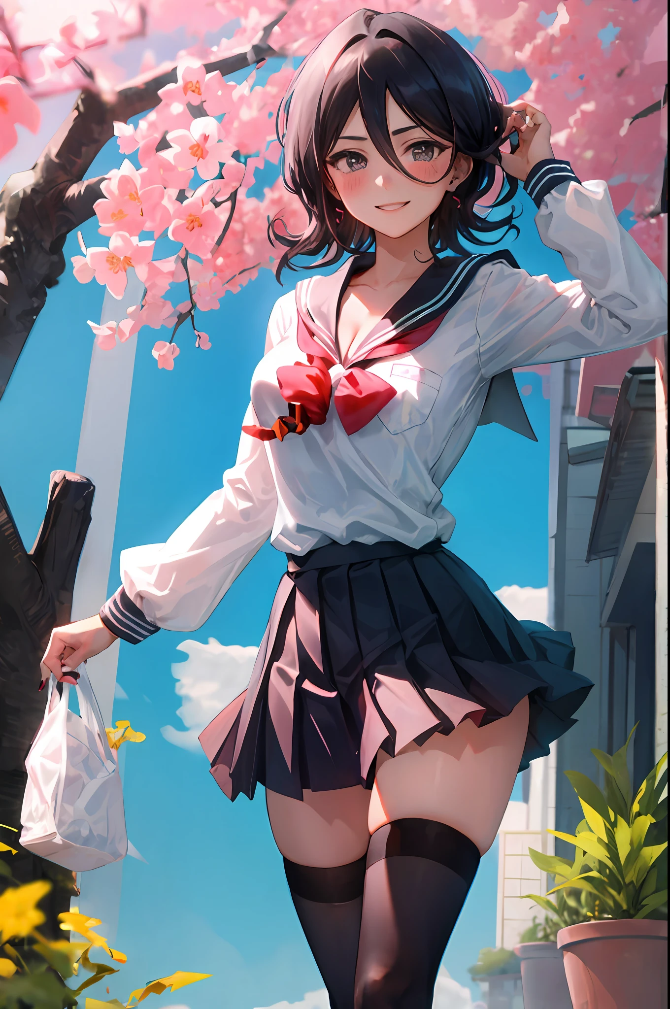 Rukia kuchiki, 1girl, solo, ((sailor uniform)), black thighhighs, breasts, cleavage, pleated skirt, hair between eyes, medium breasts, looking at viewer, messy hair, black hair, pink short nails, solo, thighhighs, thighs, ((masterpiece)), standing, ear piercing, sexy pose, blush, shy, smile, japanese temple, sakura tree,