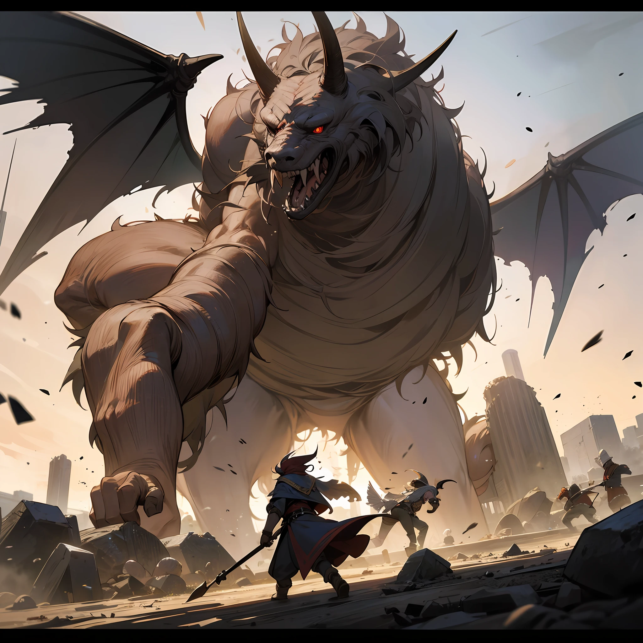Norse, ancient city, caught being destroyed by monsters -- monsters attacking people -- demons -- an infestation of monsters with wings and horns -- people fleeing--- HDR movie scene -- MAXIMUM quality -- hyper realism -- maximum deralhes --auto