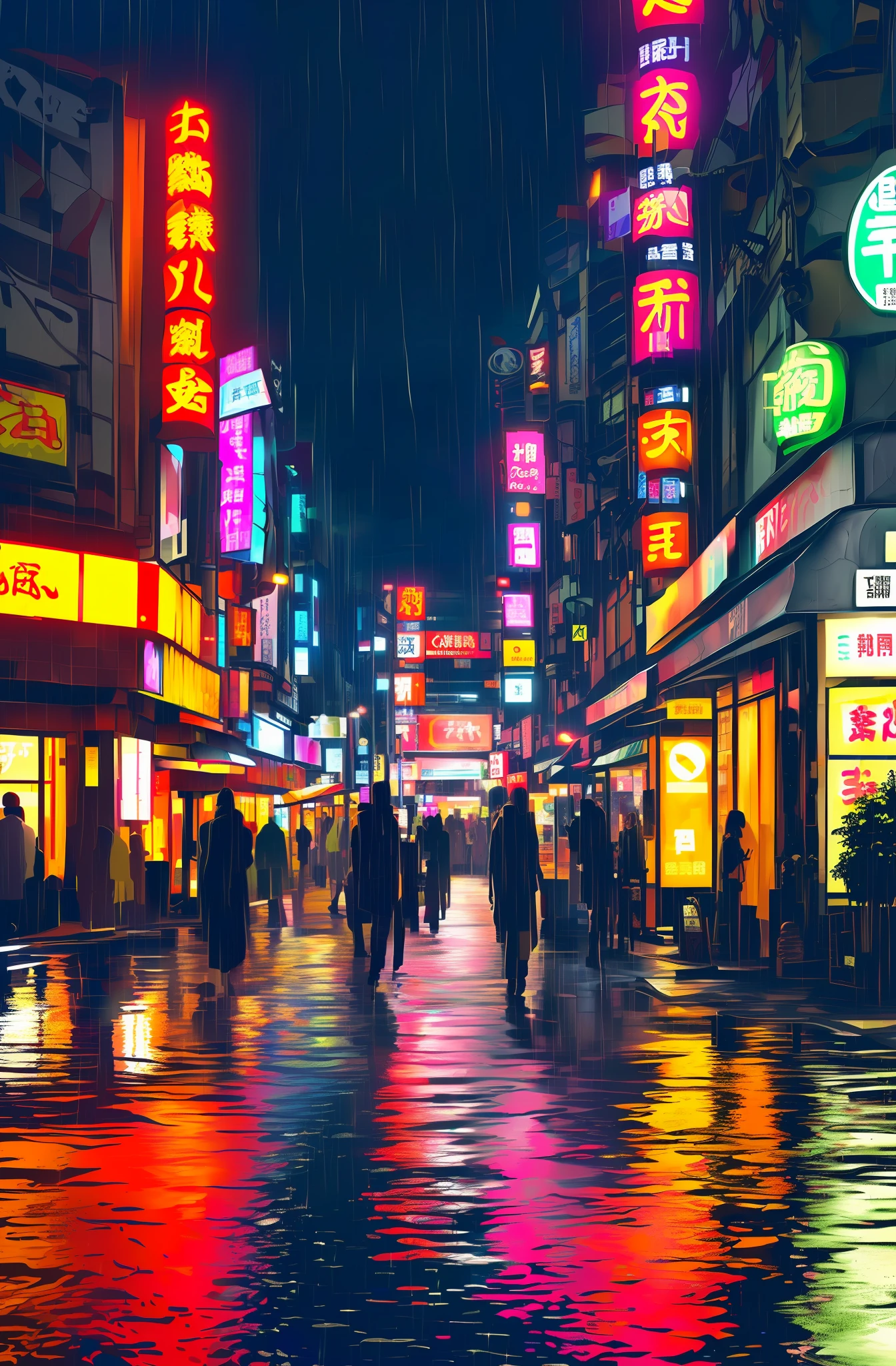 Background vectors for e-books and technology tutorials themed Japan, Tokyo and Akihabara, city at night, Japanese lanterns, 4k, realistic, lights in the reflecting pool, wet floor, rain on the roof, people on the street, ancient Japan, vintage, samurai