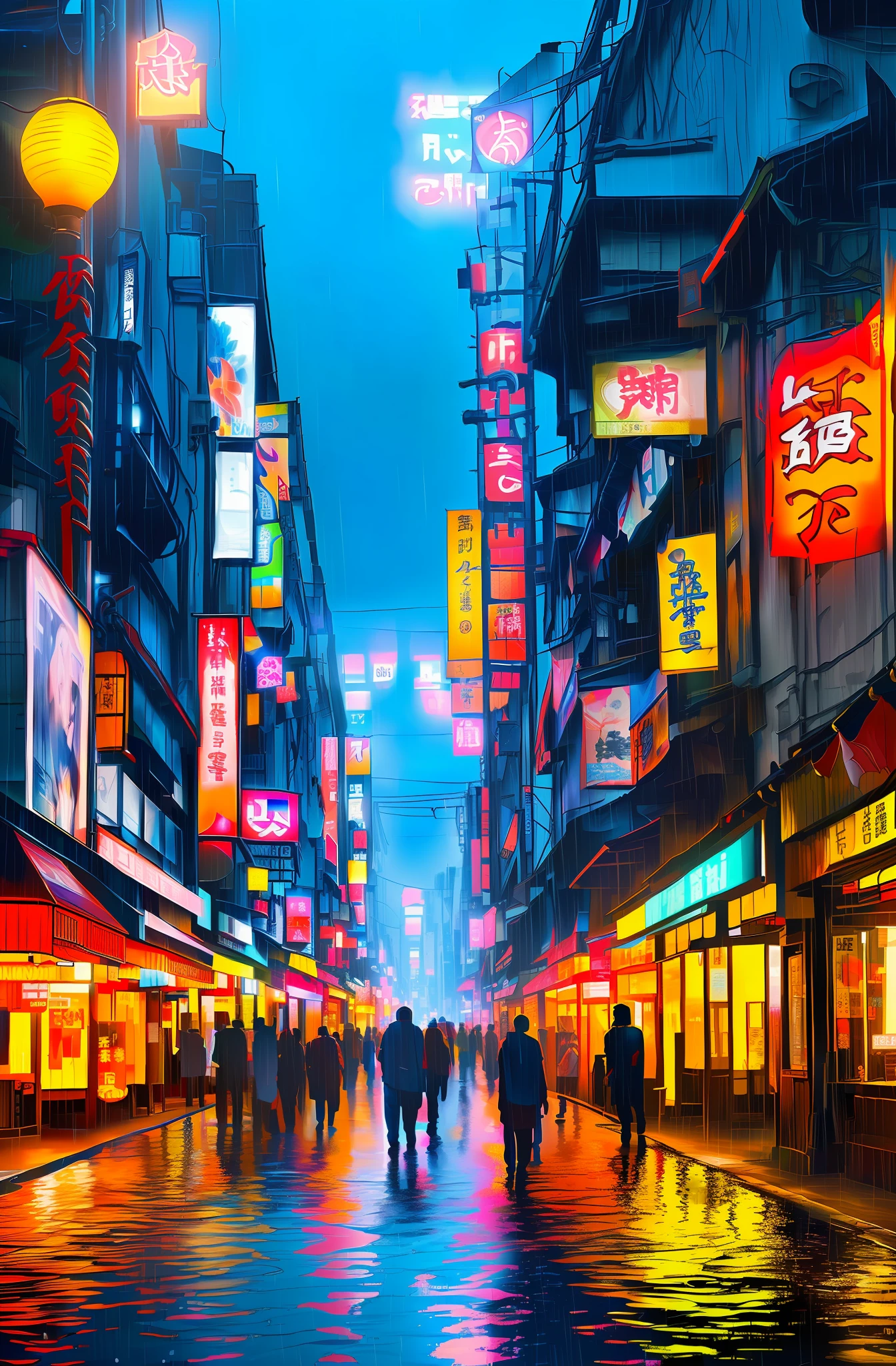 Background vectors for e-books and technology tutorials themed Japan, Tokyo and Akihabara, city at night, Japanese lanterns, 4k, realistic, lights in the reflecting pool, wet floor, rain on the roof, people on the street, ancient Japan, vintage, samurai