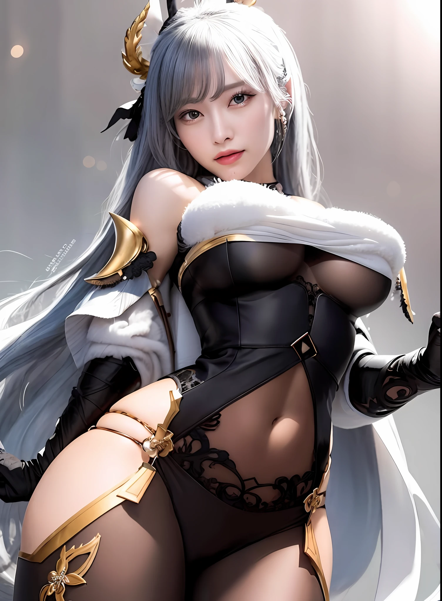 a close up of a woman in a black and white outfit,extremely detailed artgerm, beautiful goddess, beautiful alluring woman,keqing from genshin impact, cinematic, Hyper realistic, extremely detail