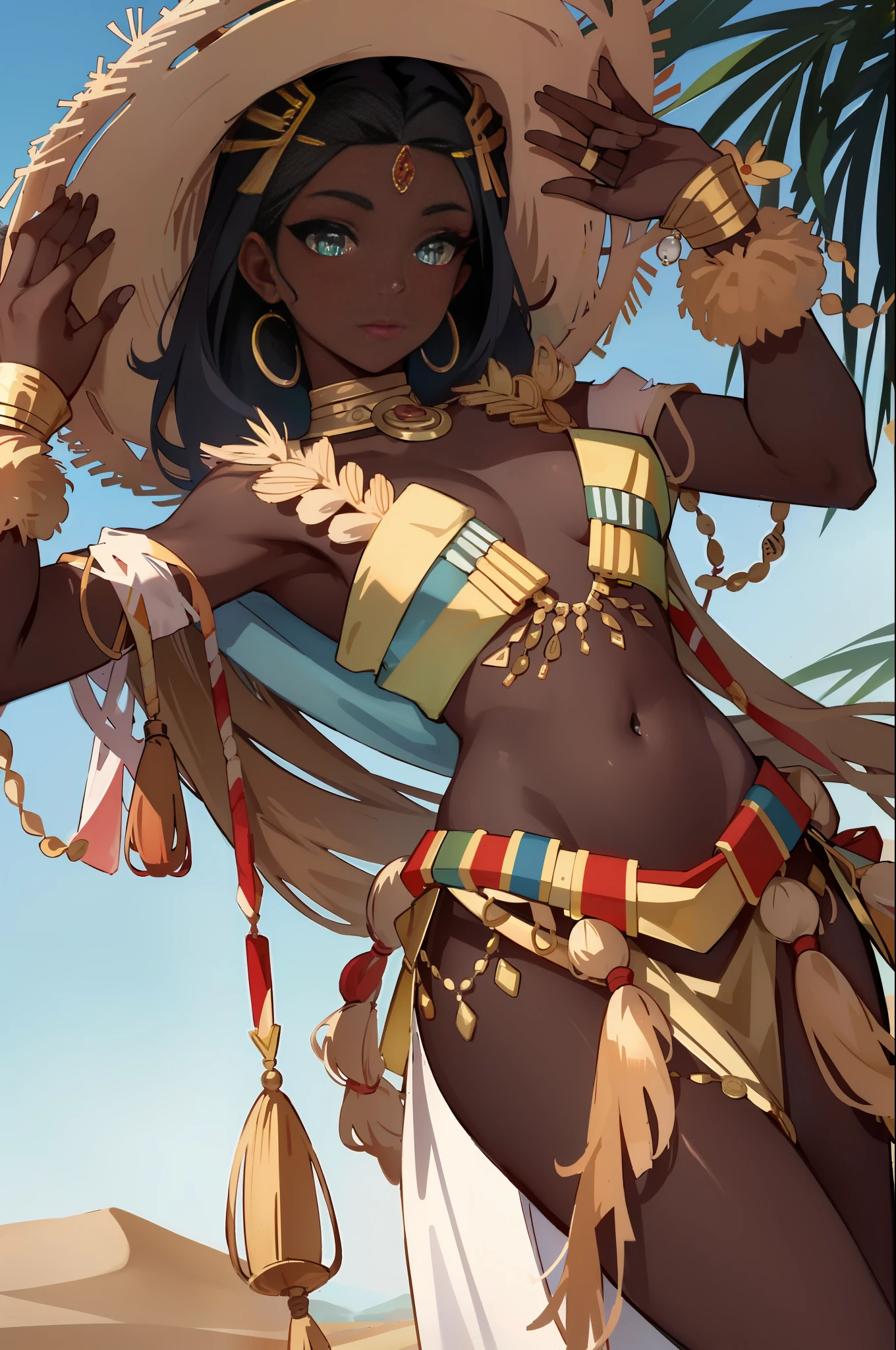 (Masterpiece: 1.2), (Best Quality: 1.2), Perfect Eyes, Perfect Face, Perfect Lighting, Photography, 1girl, SSAHC, Dark Skin, Lower Breasts, Navel, Sleek Abdomen, Colorful Tribal Dress, Headdress, Thick Eyelashes, Makeup, Eyeshadow, Medium Hair, Oasis, Desert Detail Outdoor Background, Ref, Professional Lighting