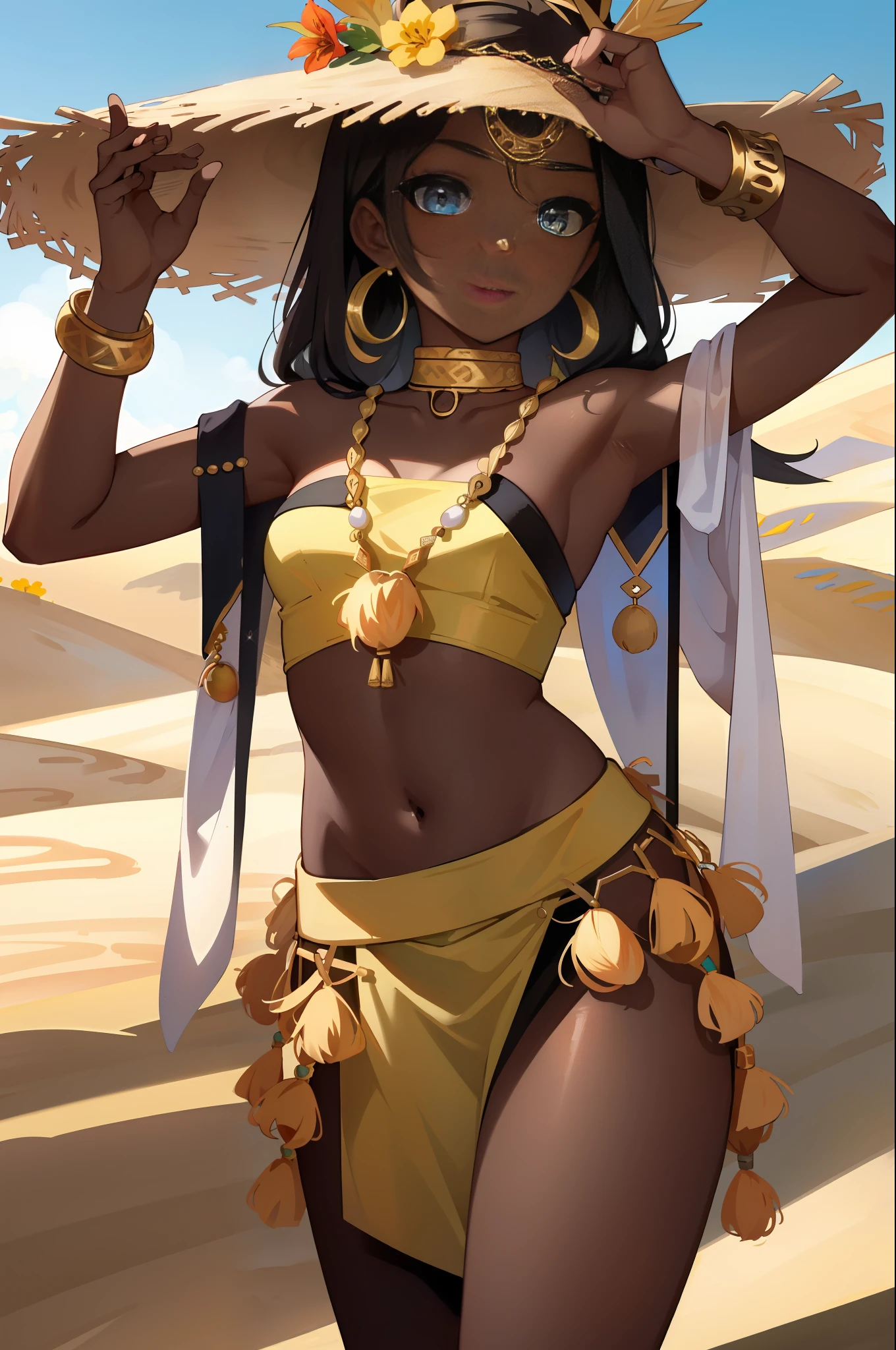 (Masterpiece: 1.2), (Best Quality: 1.2), Perfect Eyes, Perfect Face, Perfect Lighting, Photography, 1girl, SSAHC, Dark Skin, Lower Breasts, Navel, Sleek Abdomen, Colorful Tribal Dress, Headdress, Thick Eyelashes, Makeup, Eyeshadow, Medium Hair, Oasis, Desert Detail Outdoor Background, Ref, Professional Lighting