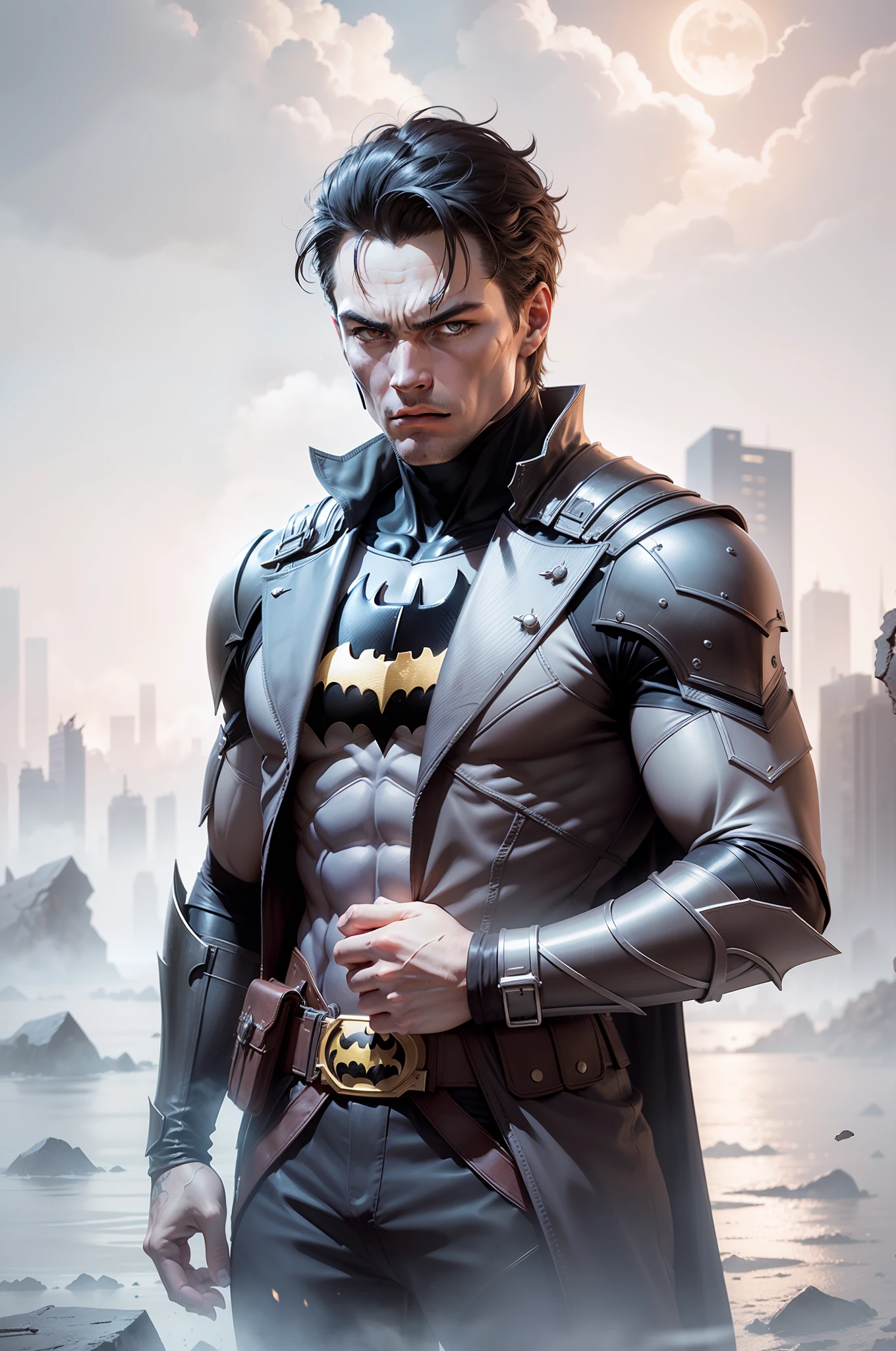 Batman from the dark knight stands imposing in a gothic lost city, đeo mặt nạ batman. Moonlight highlights your muscles and scars. The scenery is lush and mysterious, with futuristic tech and surroundings. The camera details everything, a warrior woman, in front of him
