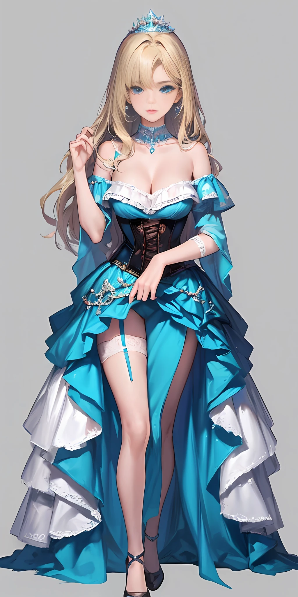 [blue:aqua:0.65] theme, masterpiece, a girl's masterpiece, detailed visual art, blue eyes, light blonde hair, long hair, collarbone, royal princess, elegant, gorgeous quinceanera corset, corset piercing, detailed layered skirt, [detailed frills: 0.1], [frilled dress: 0.1], embroidery, [details princess dress: 0.1], off-the-shoulder, big breasts: 1.3, open crotch, thigh seam, garter belt, groin, [NSFW| uncensored], (simple background: 1.1), low-winged, full-body