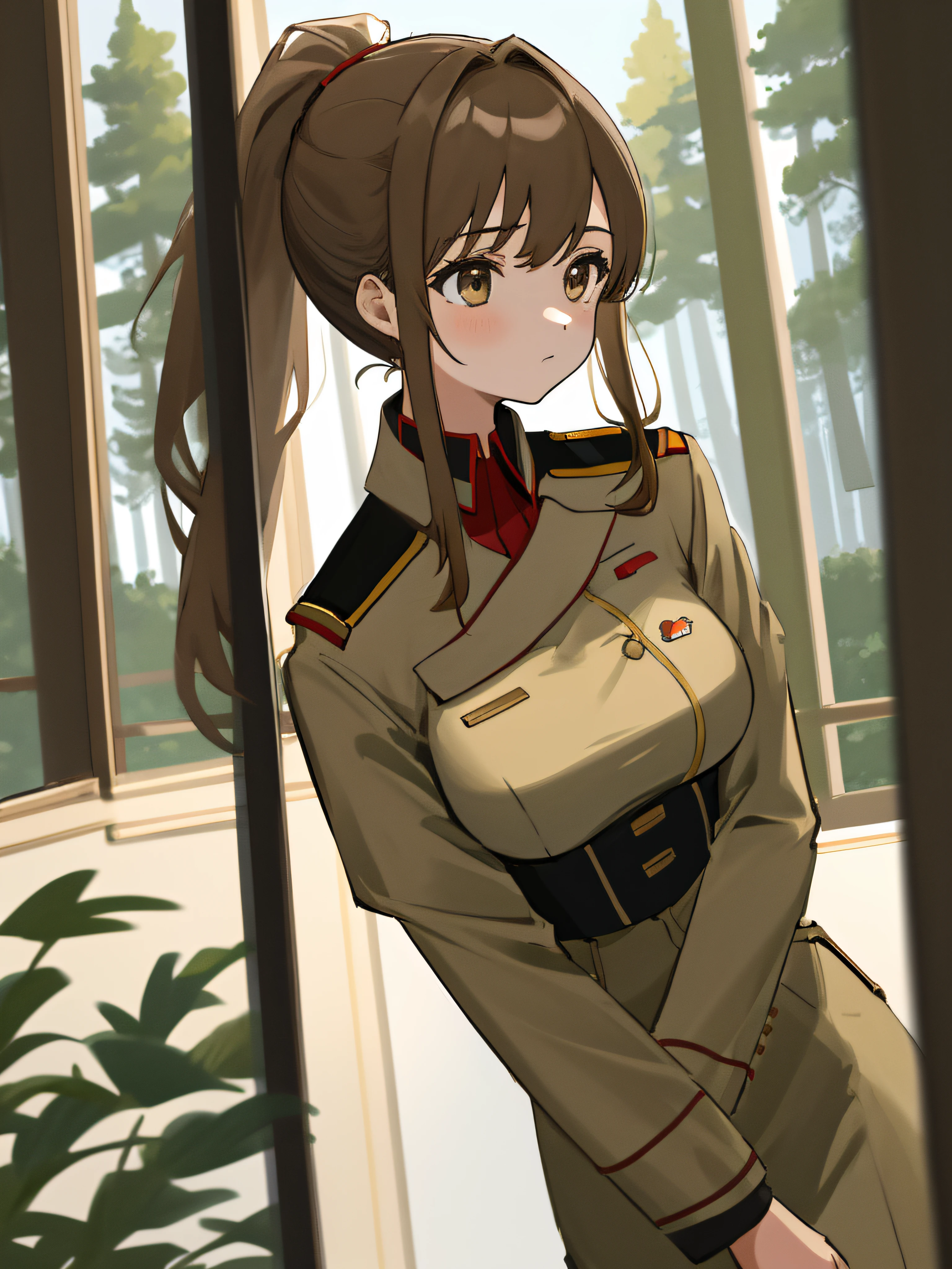 (masterpiece, best quality, absurdres), 1girl, solo, solofocus, light brown hair, long hair, ponytail, hazel eyes, adult, super closeup, indoors, military colonel uniform, light brown uniform, military badges, forest, pine trees, buildings, medium breasts