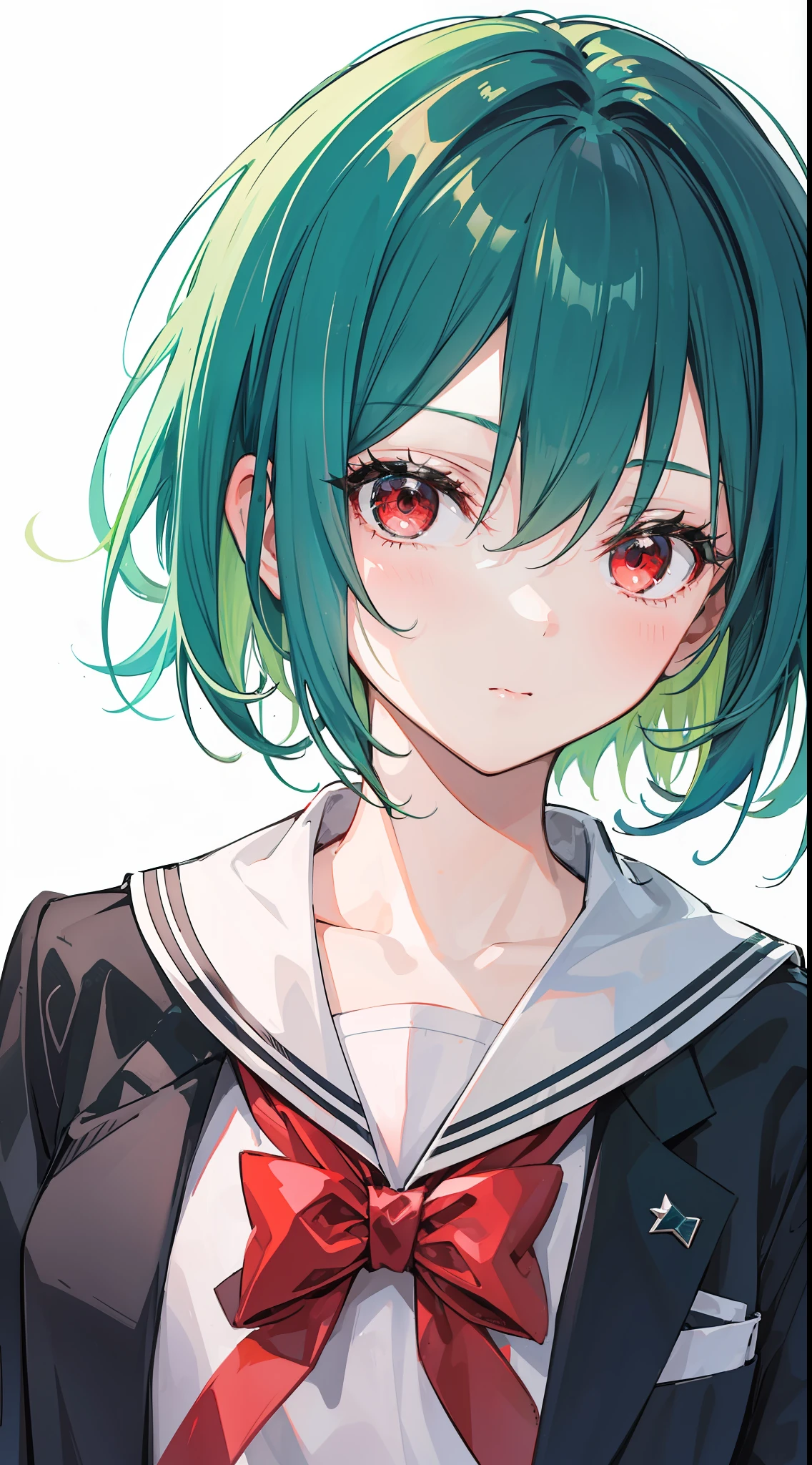 A girl was at a crossroads, wearing a high school uniform, bright green hair with bright red eyes, Sharp short hair, and a charming face