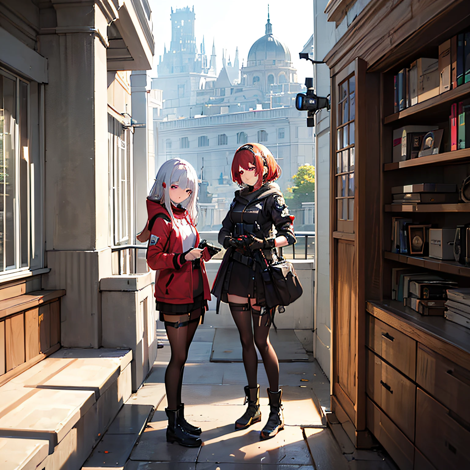 ((high quality)), ((masterpiece)), 8k, 2girls, light, extremely detailed CG unity 8k wallpaper, game cg, looking at the audience, gloves, boots, full body, watch, computer, mask, drone, robotic arm, fantasy city, palace, rain, highlights, luxury, ray tracing, depth of field, movie lighting, / (city/)