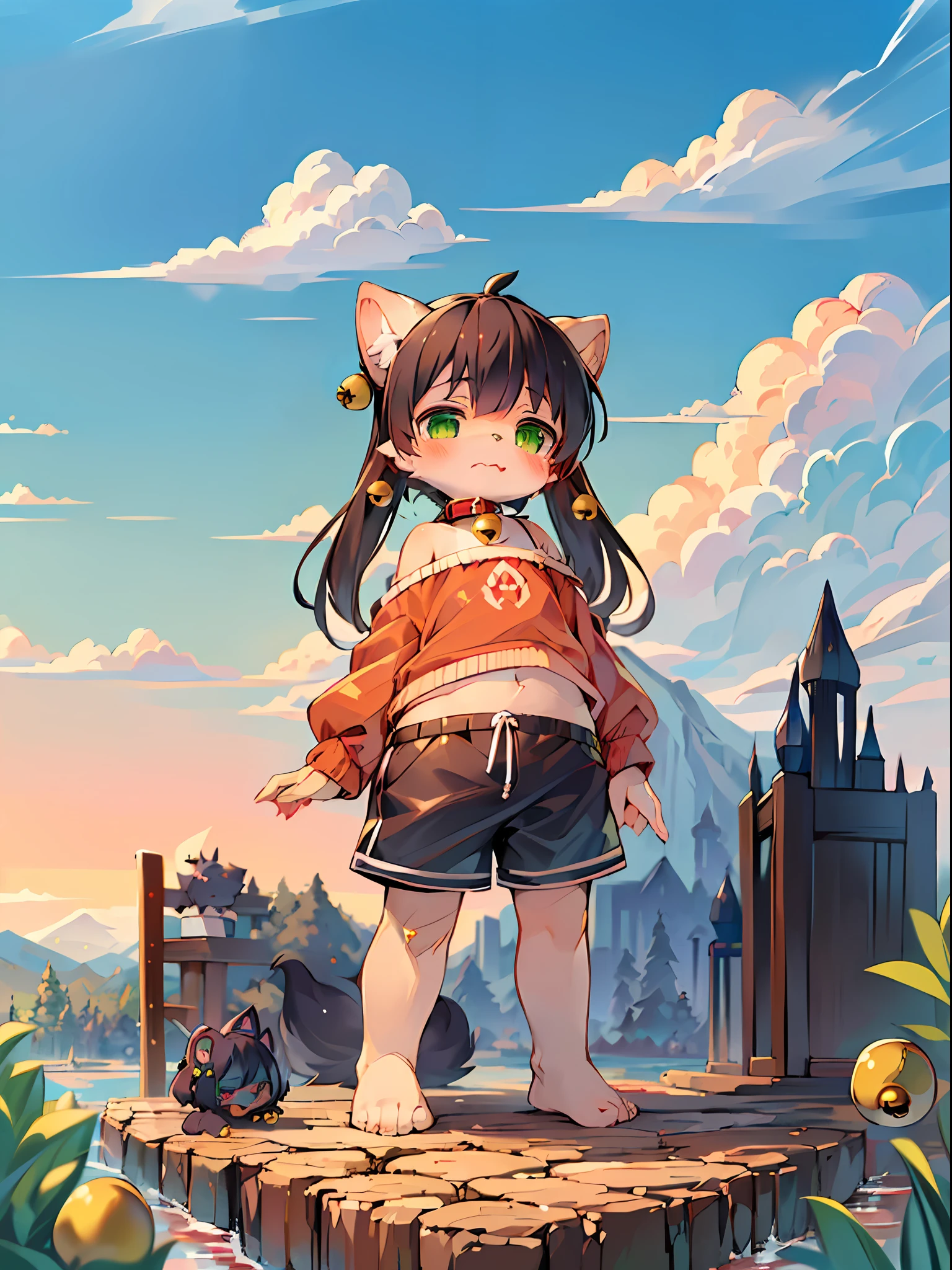 Masterpiece, high quality, absurd resolution, digital painting \ (artwork \), by dagasi, yupa, kiyosan, (fluffy fur, black fur, full body fur,). Boy, green eyes, black hair, shorts, barefoot, bright eyes, panorama, character focus. Detailed background, cloud background, (bells, pet collars, loose clothes: 1.2)