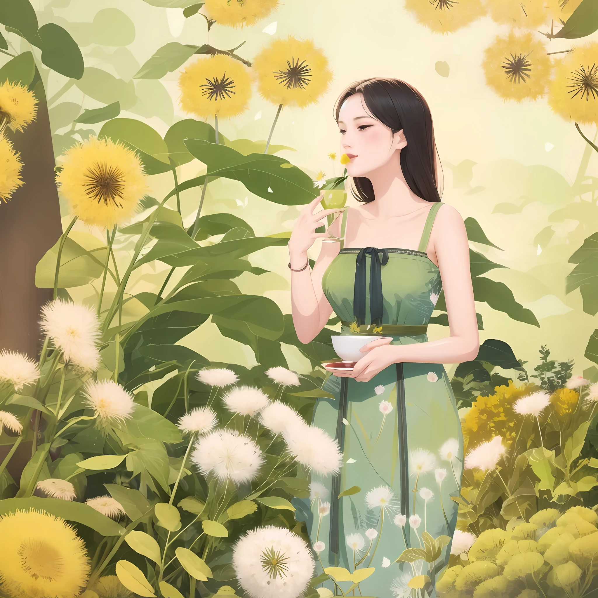 A woman in a green dress carries a bowl of tea surrounded by dandelions, illustrations, covers