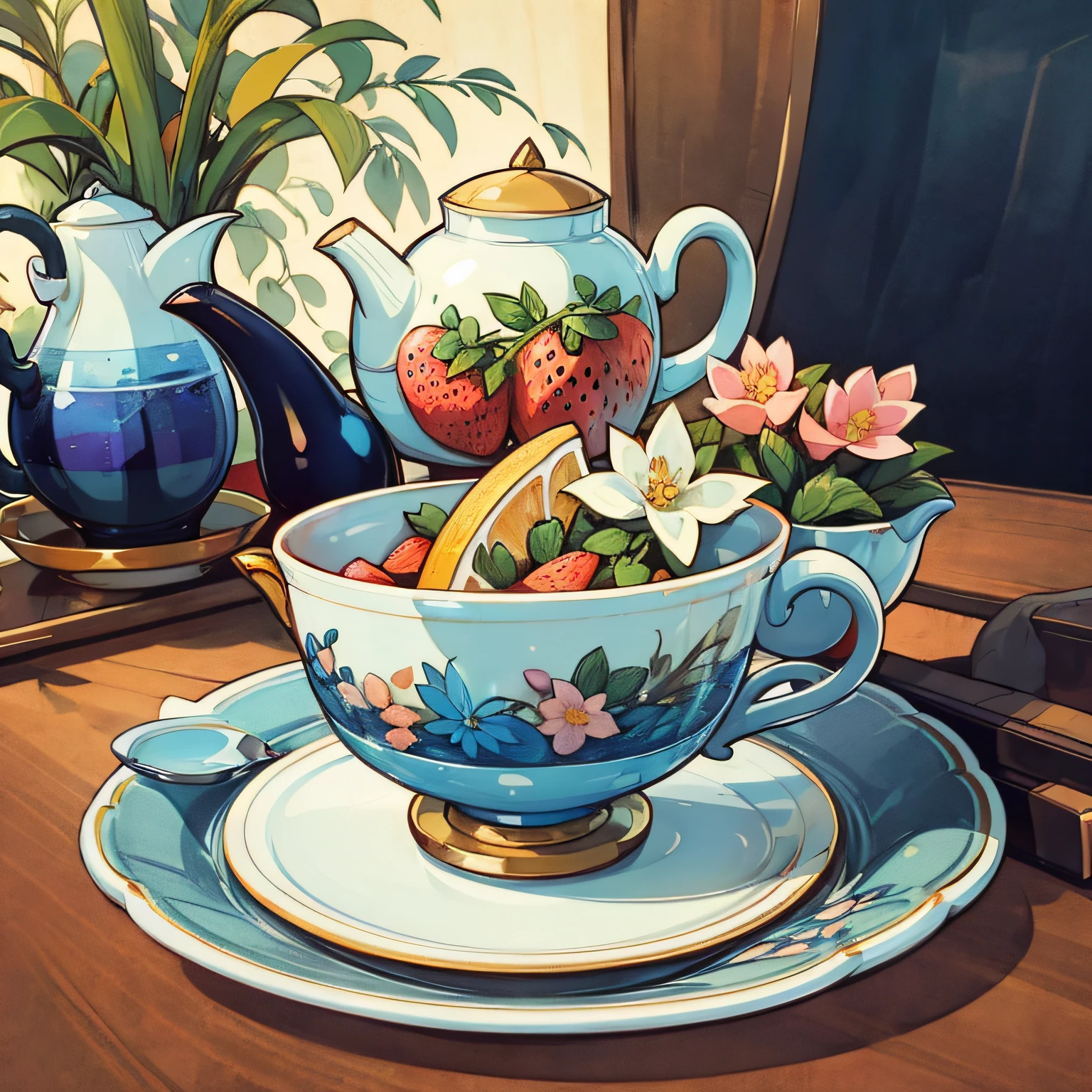 Cartoon style, fine line drawing, a European teapot with transparent glass, a European teacup on a tea saucer, flowers, fruits, plates, saucers
