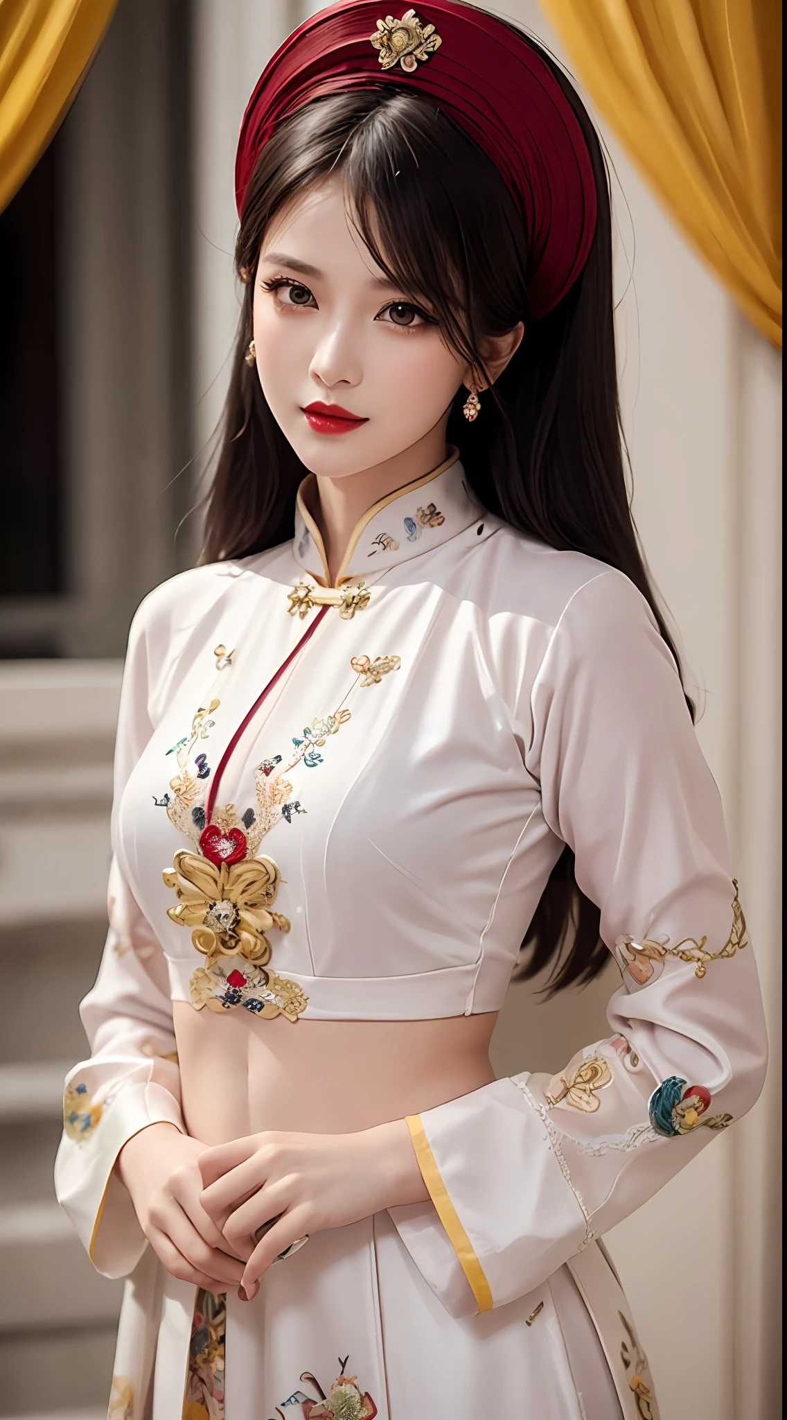 1 27-year-old solo girl, 1 zodiac goddess from the future, goddess wearing a bridal dress, 12 pink and purple zodiac signs, goddess wearing white silk shirt and pants with red and yellow color combination, tight ao dai white and red, ao dai with thin fabric, wearing a long-sleeved shirt that covers the hands, myths of 12 zodiac signs from the future, zodiac signs, design of 12 sparkling zodiac signs, luxurious and mysterious dark version, turban with many intricate patterns, ( wear 1 bridal turban on the head of the goddess 12 zodiac: 1.8 ) ,1 compact bridal turban for women, ((1 bridal turban designed proportionally meticulous and detailed: 1.8)), red lips, thin and beautiful lips, charming smile, fine details, detailed background, super detailed, magic light, beautiful lighting effects, clear face , long flat hair, beautiful face, meticulous and balanced, (transparent yellow eyes: 1.8), big round eyes and very beautiful and meticulous makeup, visionary, wearing long clothes silk, mysterious makeup, next to bangs and dyed light blonde, big, regular breasts, blums boods, flat stomach, perfect body curves, top half portrait, goddess of the zodiac , arms hanging, Realistic and alive, (the stars that make up the zodiac: 1.7), (the sky) of the bad zodiac signs texture: 1.8), fictional photo , RAW image, shirt photo Vietnam length, best photo, 8k, best quality 8k photo, surreal, most realistic,