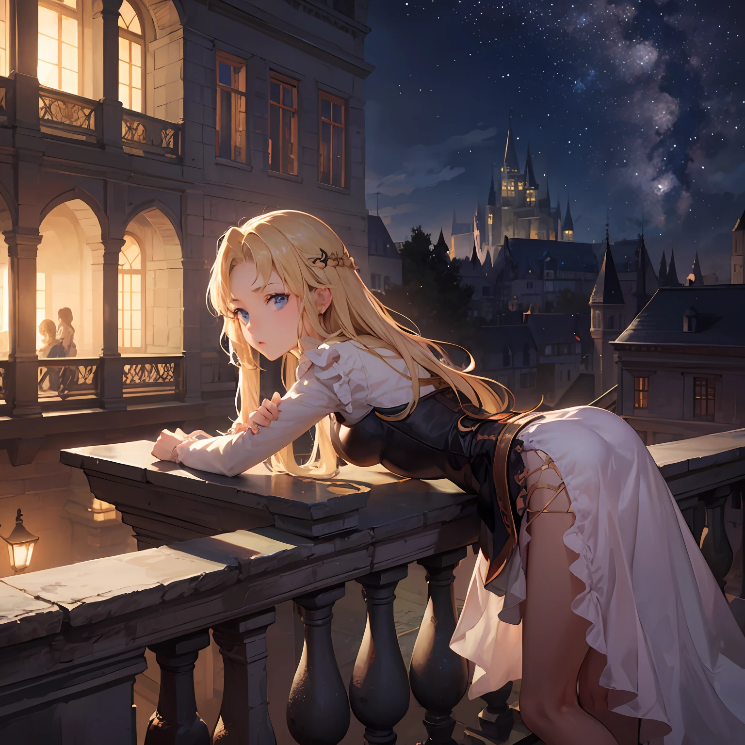 At night, castle, white lace lingerie, lying on a high platform railing, princess, bent over, leaning forward --auto