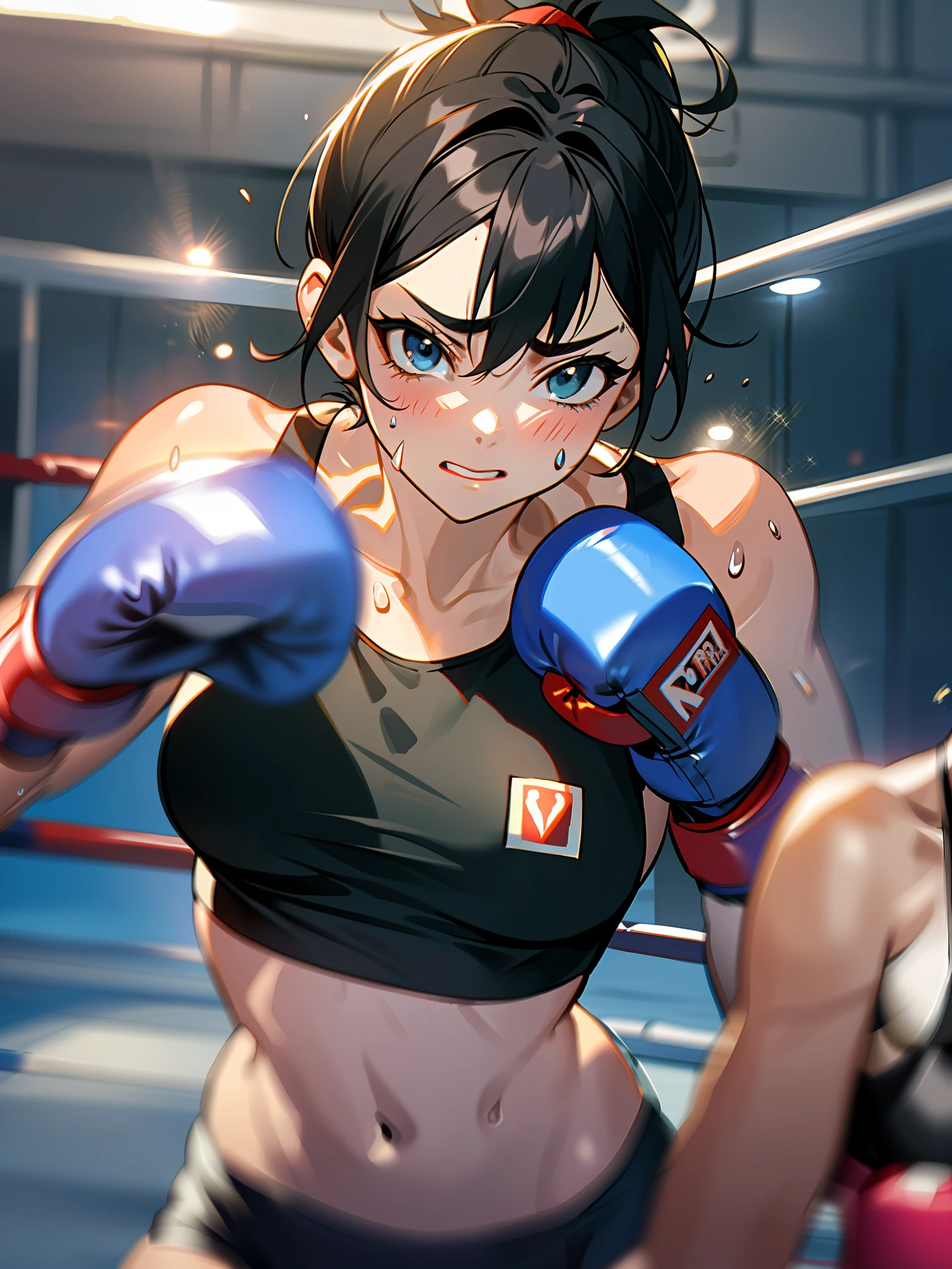 {female boxer, black hair, ponytail, navy blue sports bra, ((blue boxing gloves)), sweat all over body, beating, inferiority, fatigue}and {opponent short-haired female boxer, offensive}, female boxing match, (((two women)), two face to face