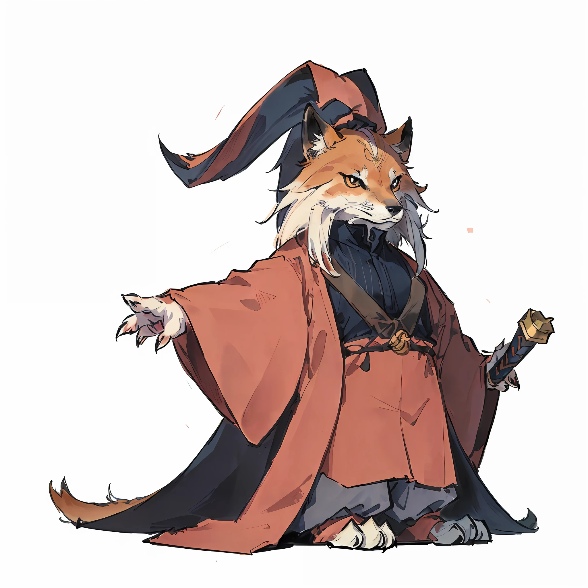 Q version cartoon 2 head-to-body ratio, anthropomorphic fox male, animal image design, fox image wearing with ancient gorgeous clothes, cute expression big eyes, weapons, very handsome and tall, Q version cartoon monster standing painting, oblique standing, side view, sideways standing, full body portrait, cool shape