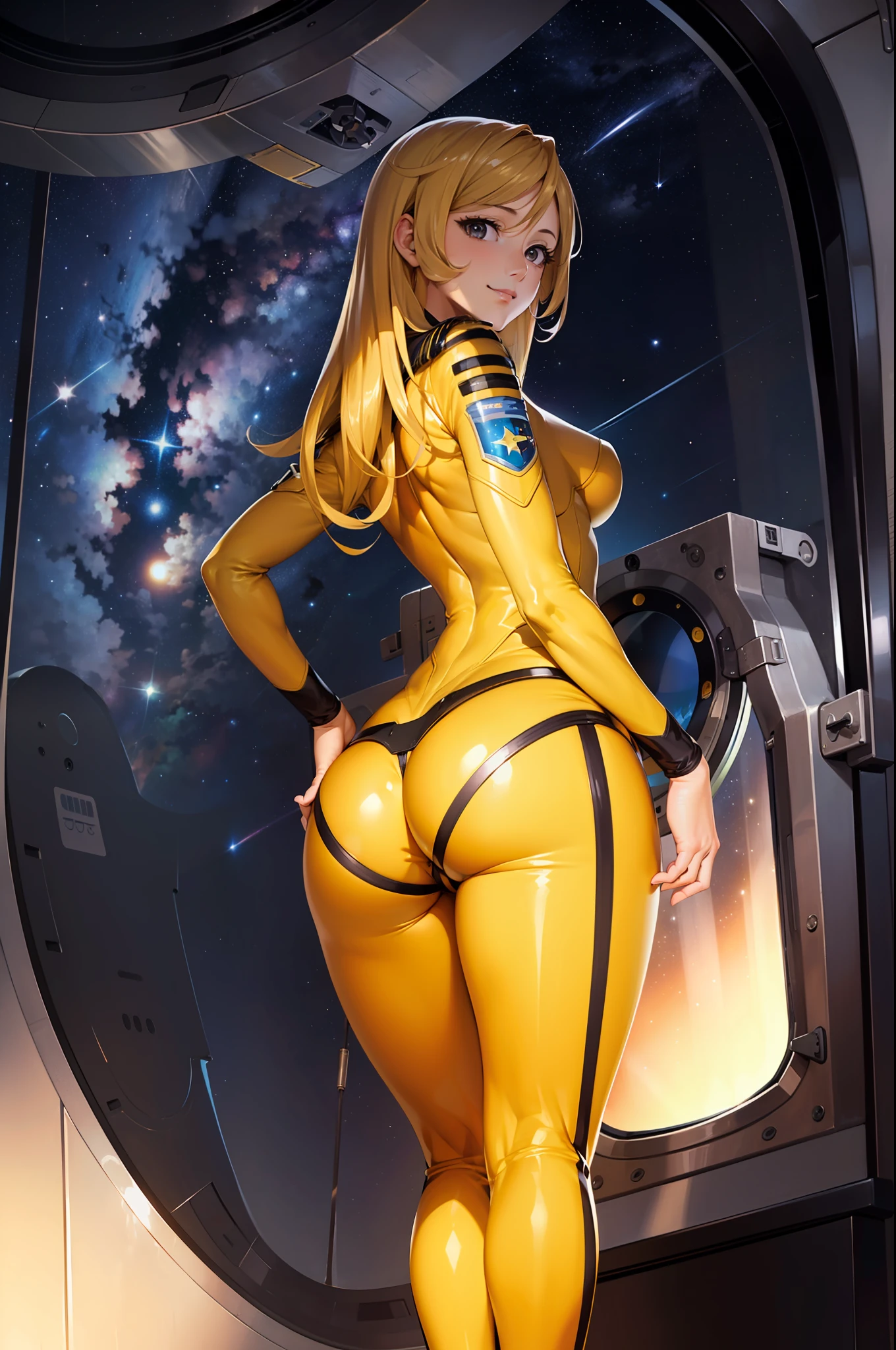 (masterpiece, best quality:1.2), (cowboy shot:0.8), (from the rear:1.1), solo, 1girl, mori yuki, slight smile, closed mouth, seductive smile, looking at viewer, blonde hair, thigh gap, leaning forward, yellow bodysuit, skin tight, belt, large window, (starship porthole:1.3), from front, (standing:1.1), starship interior, (outer space view:1.1), (orbital view:1.3), (night, stary sky:1.5), milky way