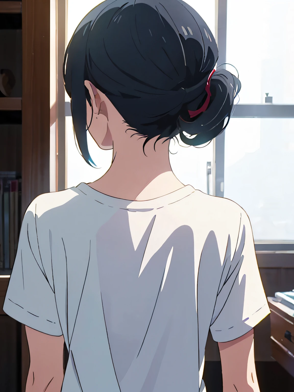 High quality, high resolution CG illustration, girl, white T-shirt and blue jeans, black hair tied back, back view, no background, Japan anime --auto