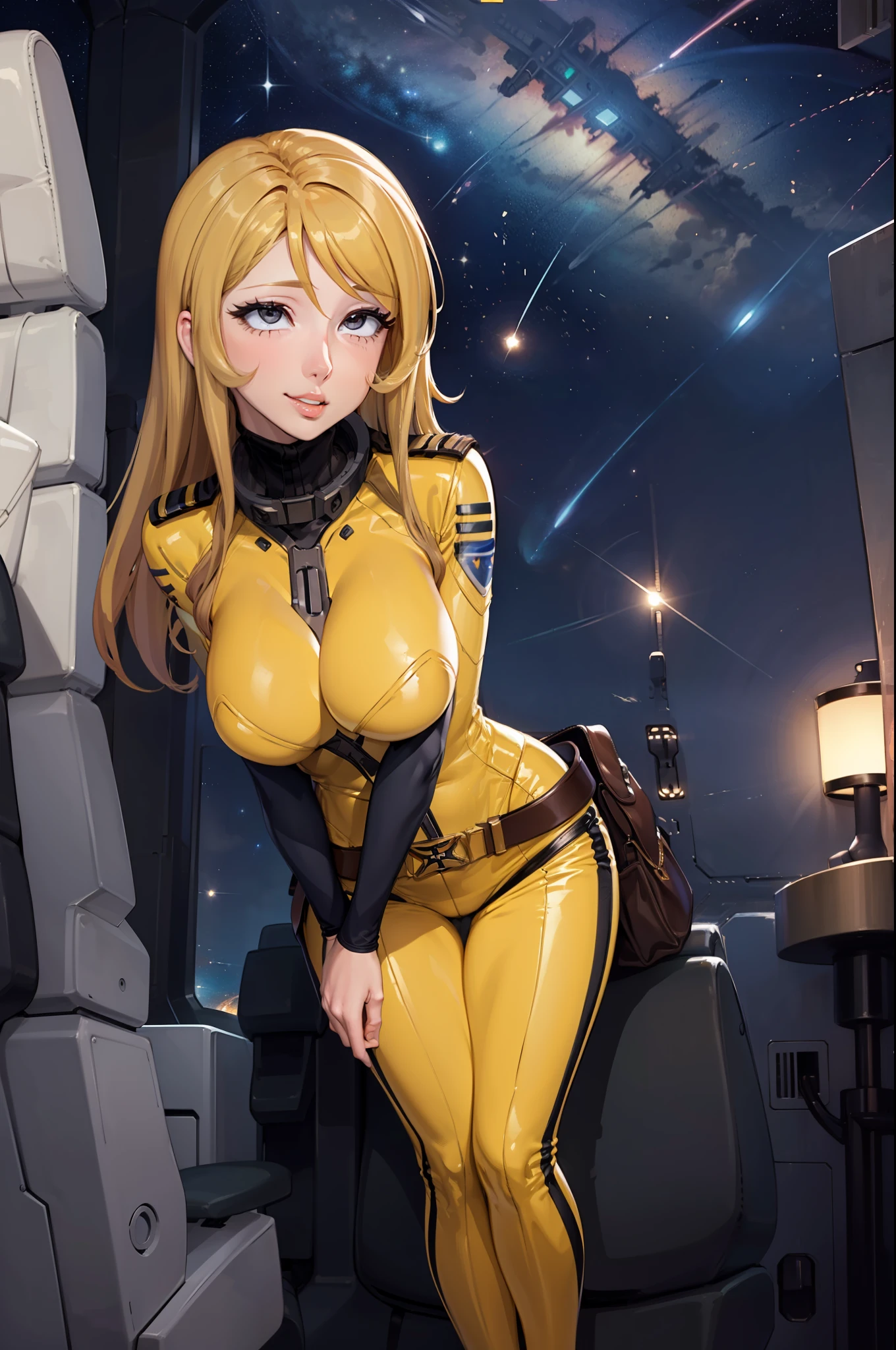 (masterpiece, best quality:1.2), (cowboy shot:0.8), solo, 1girl, mori yuki, slight smile, closed mouth, (ahegao:1.5) looking at viewer, blonde hair, thigh gap, leaning forward, yellow bodysuit, skin tight, belt, large window, (starship porthole:1.3), from front, (spread legs:1.3), (standing:1.1), starship interior, (outer space view:1.1), (orbital view:1.3), (night, stary sky:1.5), milky way