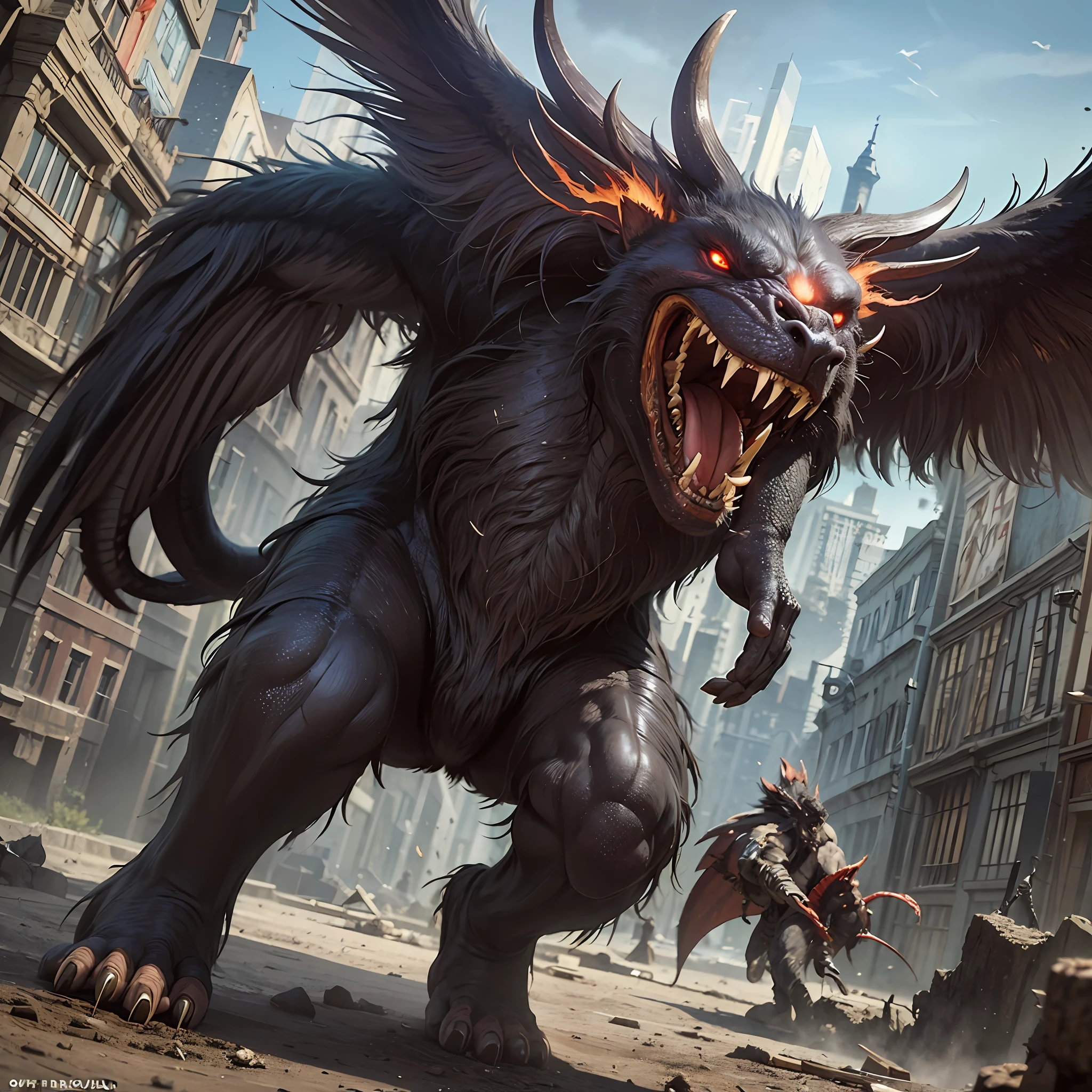 Norse, ancient city, caught being destroyed by monsters -- monsters attacking people -- demons -- an infestation of monsters with wings and horns -- people fleeing--- HDR movie scene -- MAXIMUM quality -- hyper realism -- maximum deralhes --Realism