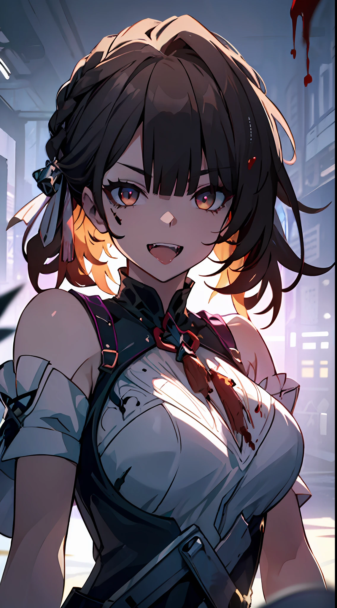 (Masterpiece: 1.2), Best Quality, (Illustration: 1.2), Eye Focus, (Ultra Detailed), Ultra Detail, (Fine Detail), (Intricate Detail), (Cinematic Light, Best Quality Backlight), Clear Lines, Solo Female, Solo Female, Perfect Figure, (1 Girl), High Contrast, (Best Lighting, Extremely Delicate and Beautiful), ((Cinematic Light)), Ferocious, Powerful, Blood Splattered, Absolutely Striking, Dynamic Angle, Gorgeous Background, Blood Splatter, Sharp Teeth, Open Mouth, mischievous smile, scary, close-up, black light swirling around the character, depth of field, close-up of a long-haired character. A sticky tongue sticks out of the mouth. The overall image has a jagged edge effect, adding a special visual effect. Girl, a 1 girl, alone, long hair, big breasts, short sleeves, dress, bare shoulders, braids, porcelain clothes