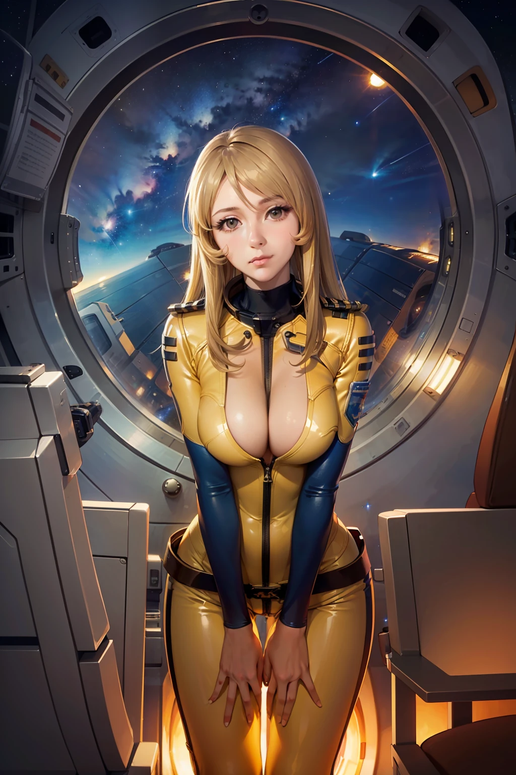 (masterpiece, best quality:1.2), (cowboy shot:1.1), solo, 1girl, mori yuki, slight smile, closed mouth, looking at viewer, blonde hair, thigh gap, (unzipped bodysuit:1.5), leaning forward, yellow bodysuit, skin tight, belt, large window, (starship porthole:1.3), from front, (spread legs:1.3), (standing:1.1), starship interior, (outer space view:1.1), (orbital view:1.3), (night, stary sky:1.5), milky way