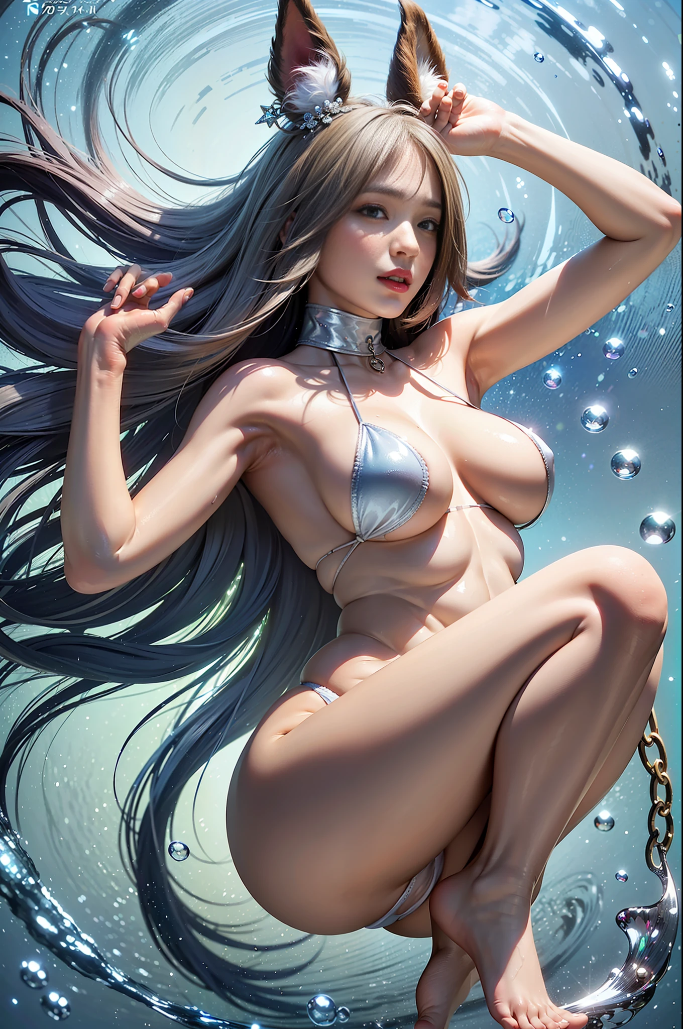 ((Original photo: 1.2)), (Realistic: 1.4), A woman, (Abs: 1), (Big breasts: 3.5), (Glutes: 1.2), (Full body), (Sports figure), Uncut, frozen crystal texture branch background, harsh climate, strong wind, skin cream, clear skin texture, clear pores, pale skin, ((sweat)), rabbit ears on the head, fox tail behind him, gemstone hanging from the forehead, double eyelids, ((light blue eyes)), (shiny eyes), Beautiful and delicate girl, (very detailed eyes and face), beautiful detailed eyes, ridiculous, incredibly ridiculous, huge file size, super detailed, high resolution, very detailed, best quality, masterpiece, ((full body skin clinging to diamonds and crystals, glitter tassels drooping, extreme details shining with diamond sparkle, very low cut)), very detailed, amazing power, fine details, masterpiece, best quality, light on face, studio lighting, 1girl, (((dynamic pose))), ((glowing skin)), ((glowing face)), (((no panties))), (dynamic wind blowing from below), (dynamic arms), ((raised knees, legs apart), (underwater, water in the sky), water reflection, (bare feet, camel toes), 16k, super detail, (anatomically correct), textured skin, best quality, surrealism, realism, masterpiece