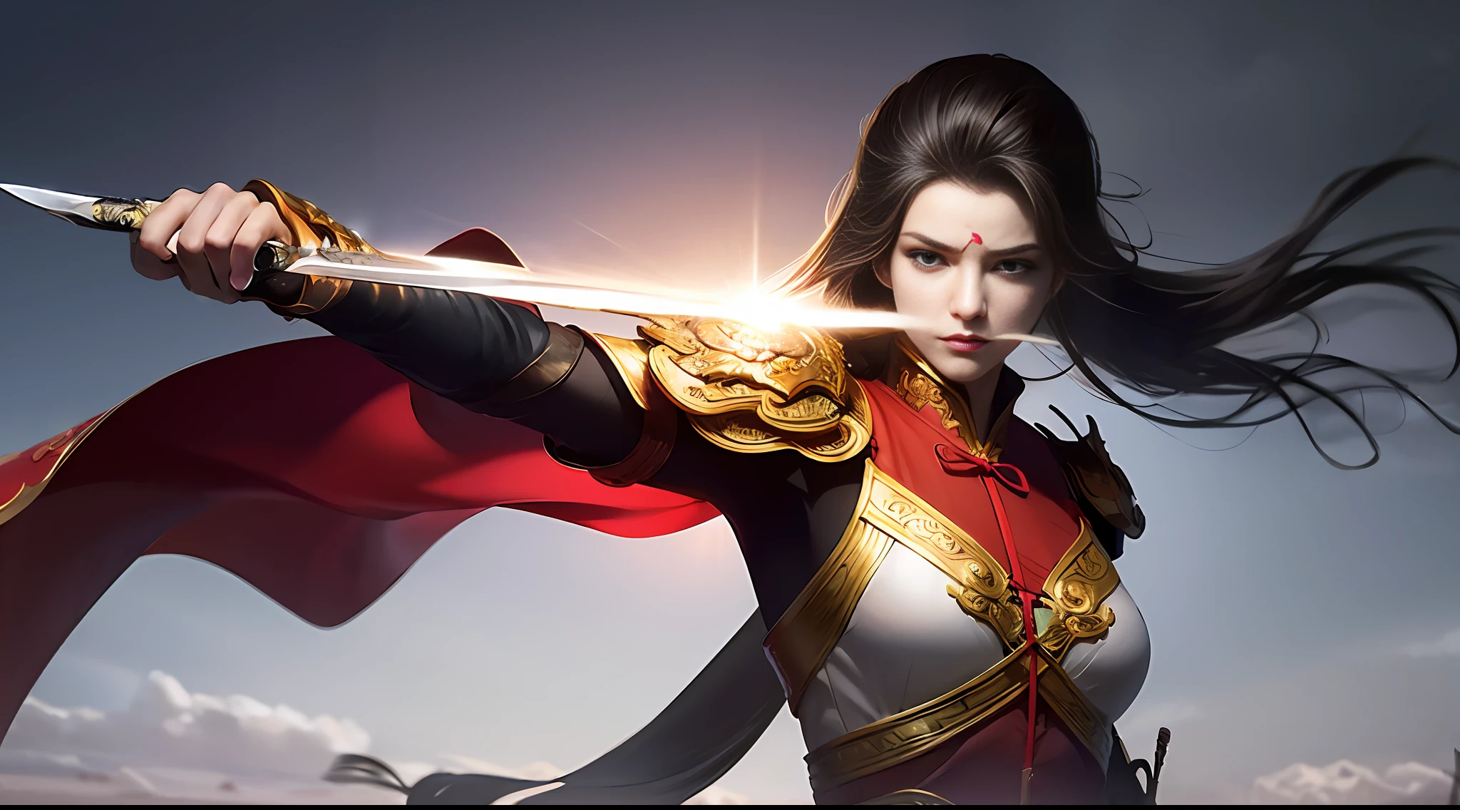 1 woman, delicate face, gray pupils, scratched face, ancient Chinese battlefield, holding a delicate sword (sword in front of the eyes), killing to move the scene, anger, wind, gunsmoke, motion blur, half-body, bright, masterpiece, best quality, 32k