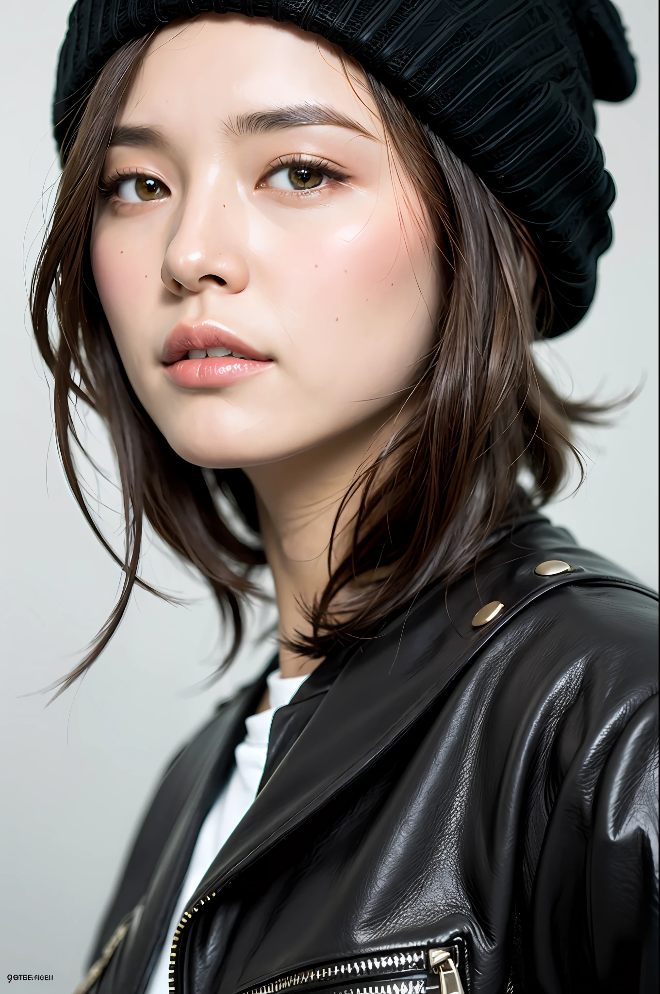 (
(8k:1.27), best quality, masterpiece, ultra highres:1.2) Photo of Pretty Japanese woman
 (beautiful:1.1) (sci-fi warrior woman:1.1) space soldier, (beanie:1.61) (leather jacket:1.21) intricate elegant, fantasy, detailed, ometric by greg rutkowski and alphonse mucha, gradient lighting