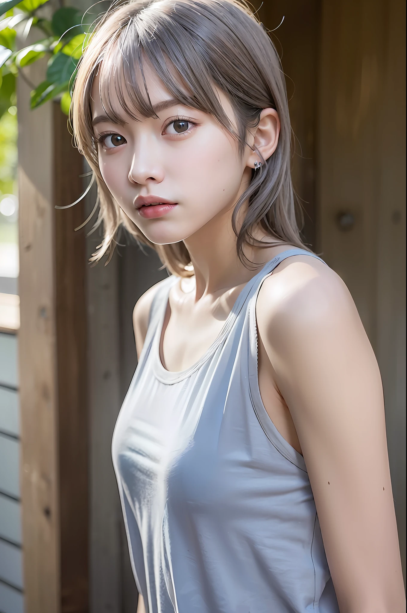 Top quality, ultra high resolution, (photorealistic: 1.4), one girl, white t-shirt, denim shorts, (faded ash-gray hair: 1), (small breasts: 1.2), look at the viewer, close-up,