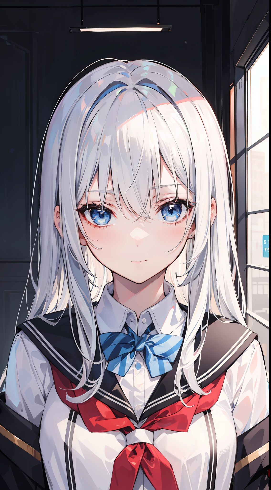 A girl was at a crossroads, wearing a high school uniform, Charming white hair with shy blue eyes, long hair, and a charming face
