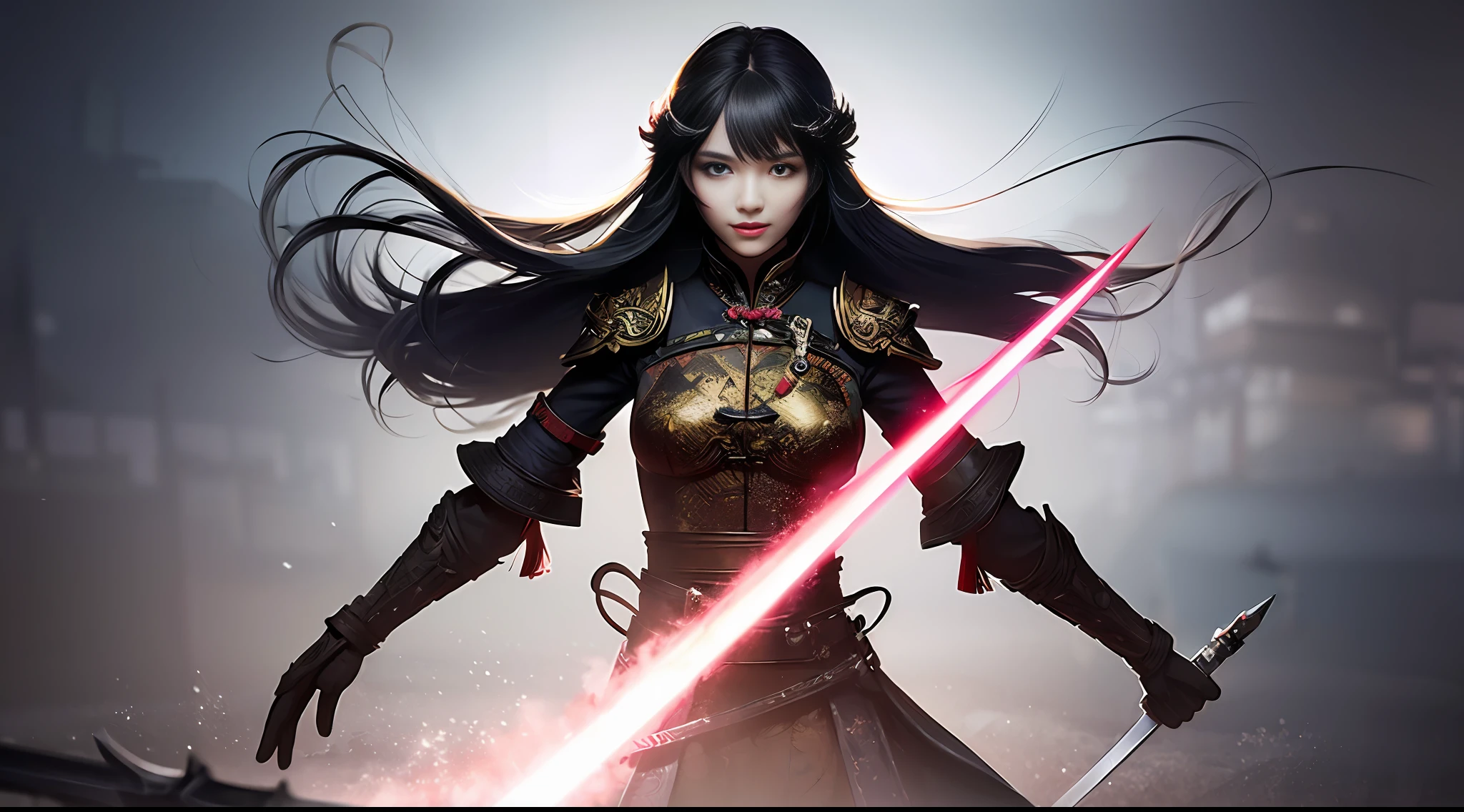 1 woman, delicate face, gray pupils, scratched face, ancient Chinese battlefield, holding a delicate sword (sword in front of the eyes), killing to impress scene, anger, wind, gunsmoke, motion blur, half-body, holographic display, bioluminescence, masterpiece, best quality, 32k