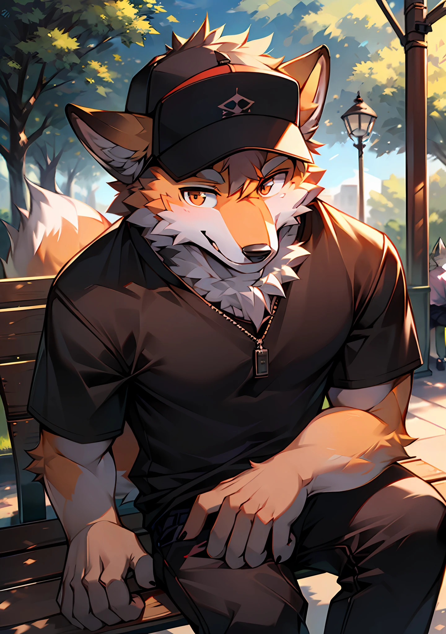 Fox, male, furry, anthropomorphic, in casual clothes, solo, outside, in the park, sitting on bench, focus, ray traced lighting, face and upper body focus, looking at the audience, smiling, with cap