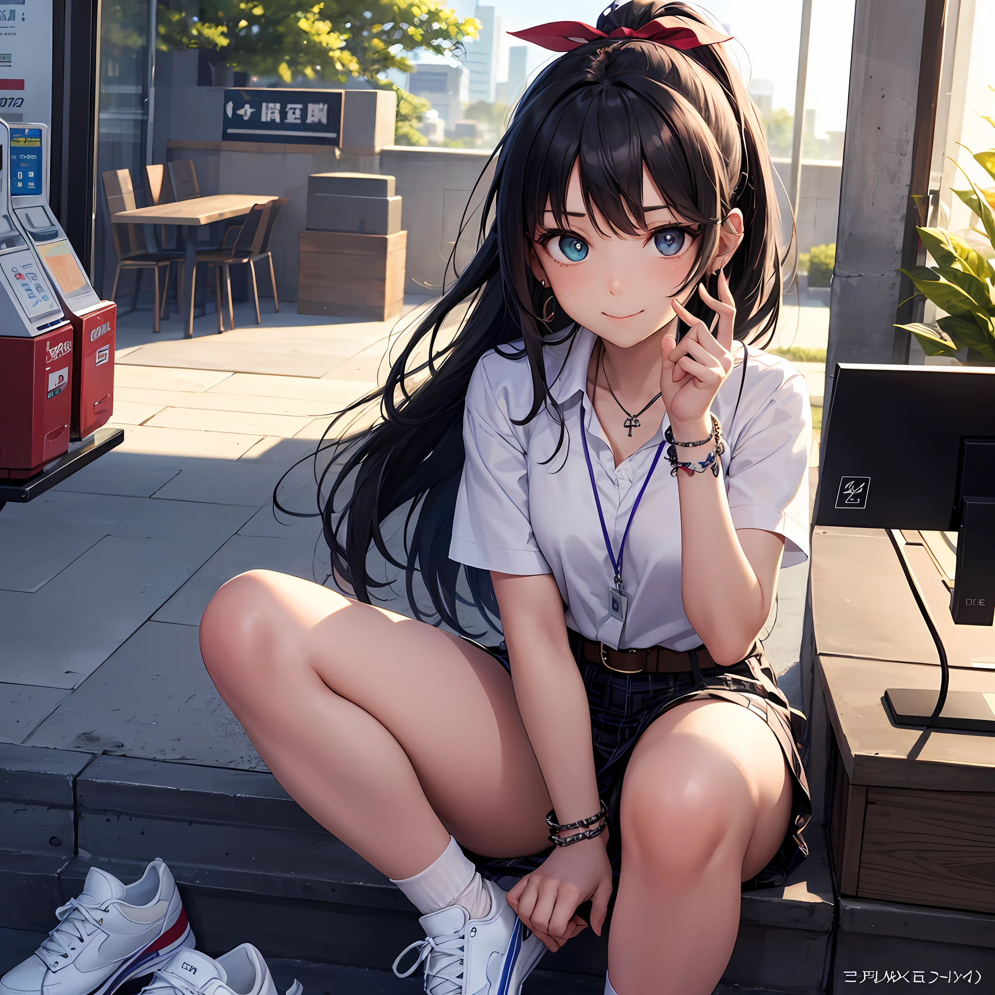 Best image quality, medium shot, delicate facial features, perfect face, single, cashier, flower pupil, beautiful pupil, heterochromic pupil, shut up, nervousness, unilateral mouth corners raised, smile, medium hair, black hair, cross bangs, tied hair, hair ring, high ponytail, pendant, earring, bracelet, ribbon, armband, armband, veil, workplace uniform, belt, belt, plaid pattern, sneakers, pile socks, sitting, boo gesture, facing the viewer, beckoning, summer, sun, sky, convenience store, city, explosion, album cover, mood lighting