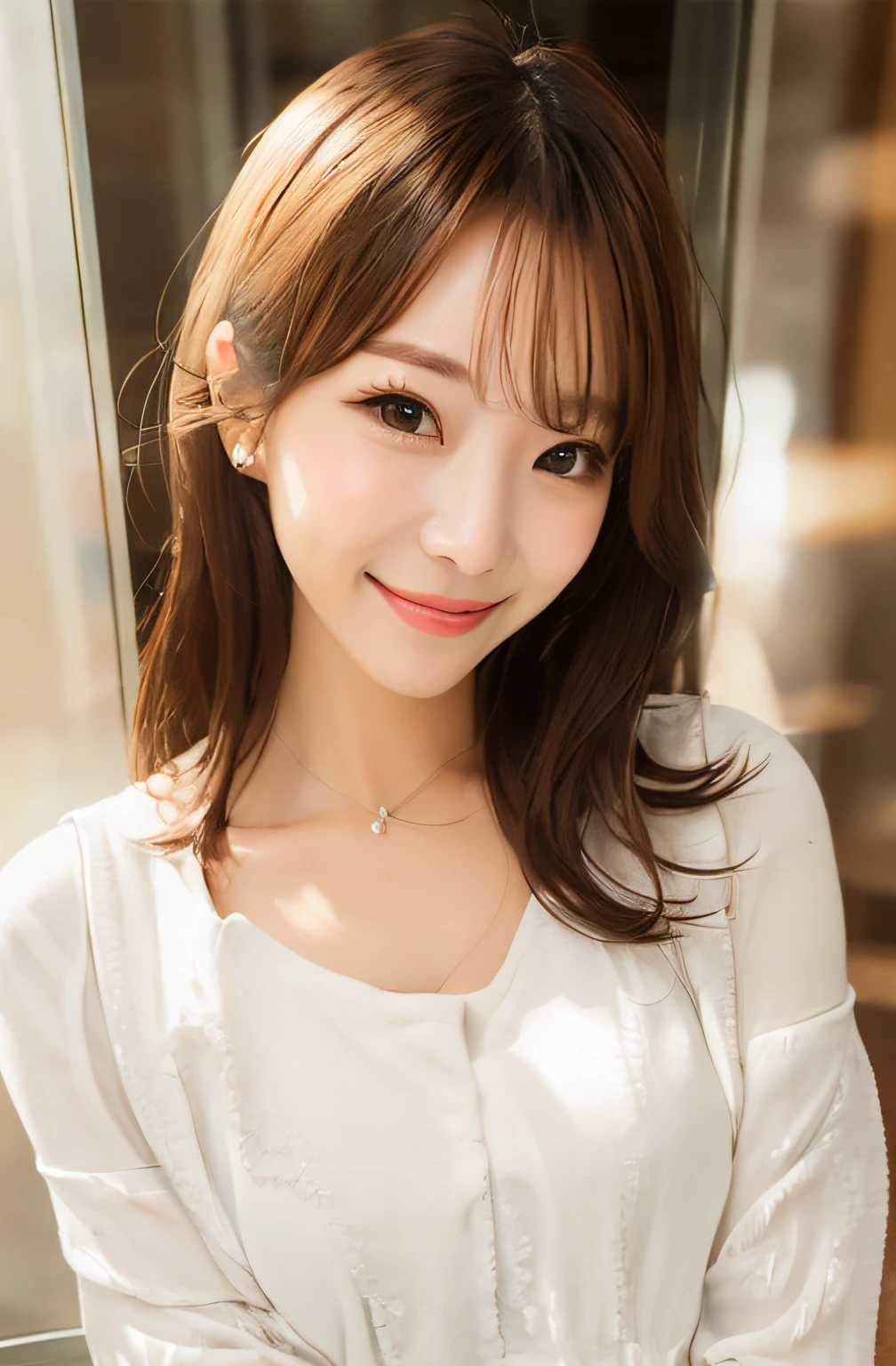 Smiling, white clothes, café