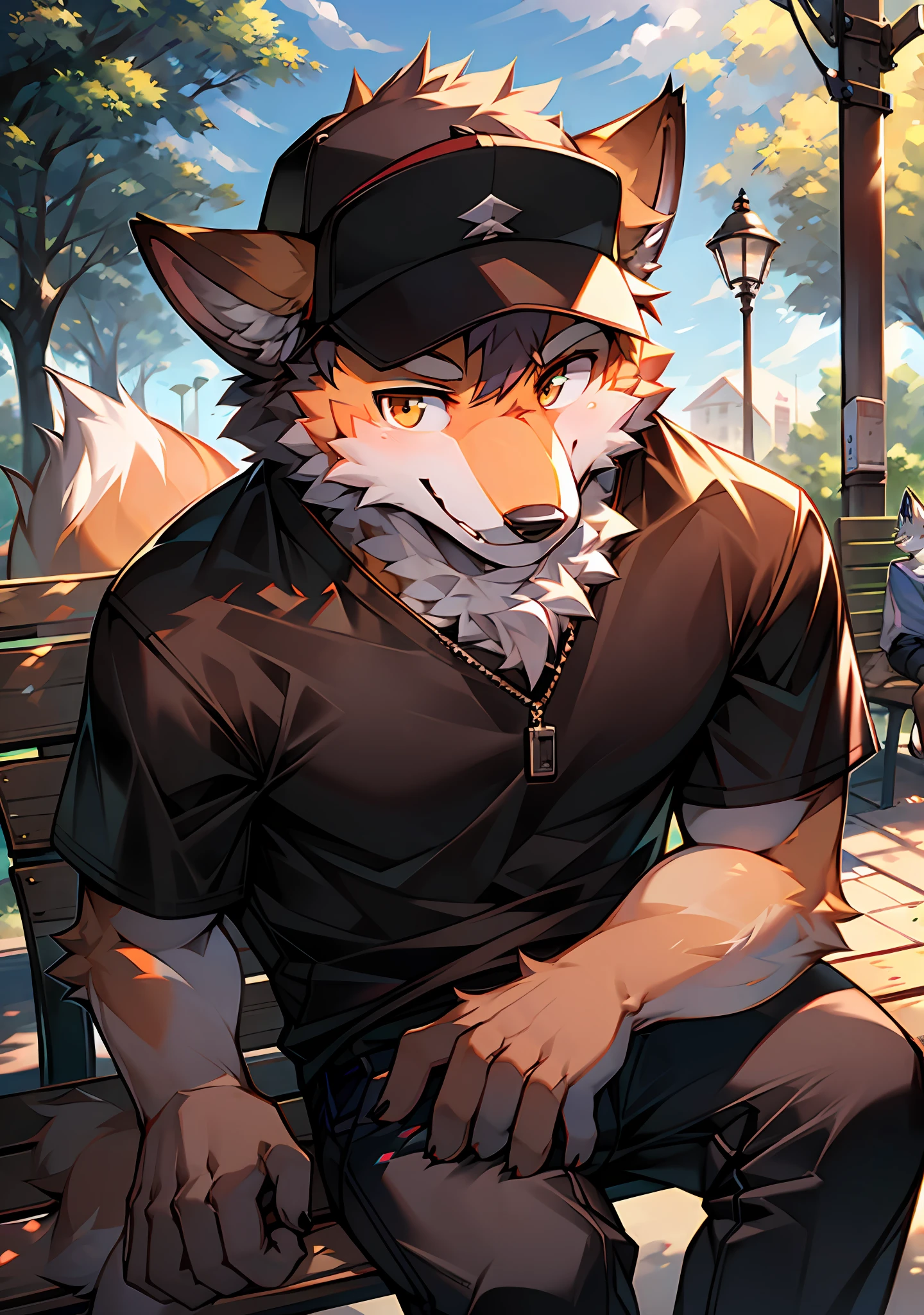 Fox, male, furry, anthropomorphic, in casual clothes, solo, outside, in the park, sitting on bench, focus, ray traced lighting, face and upper body focus, looking at the audience, smiling, with cap