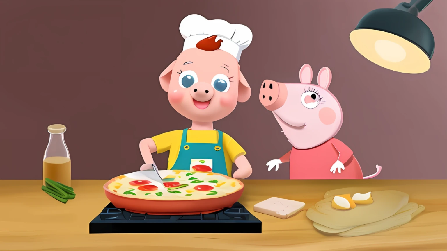 cartoon of a boy and a pig cooking together in a kitchen, cooking show, cooking pizza, of peppa pig, ???, children's cartoon, peppa pig, cooking, kids book illustration, cartoon style illustration, in cartoon style, best chef, yummy, colorful kids book illustration, pichacu cooks a squid, cooking it up, cartoon illustration