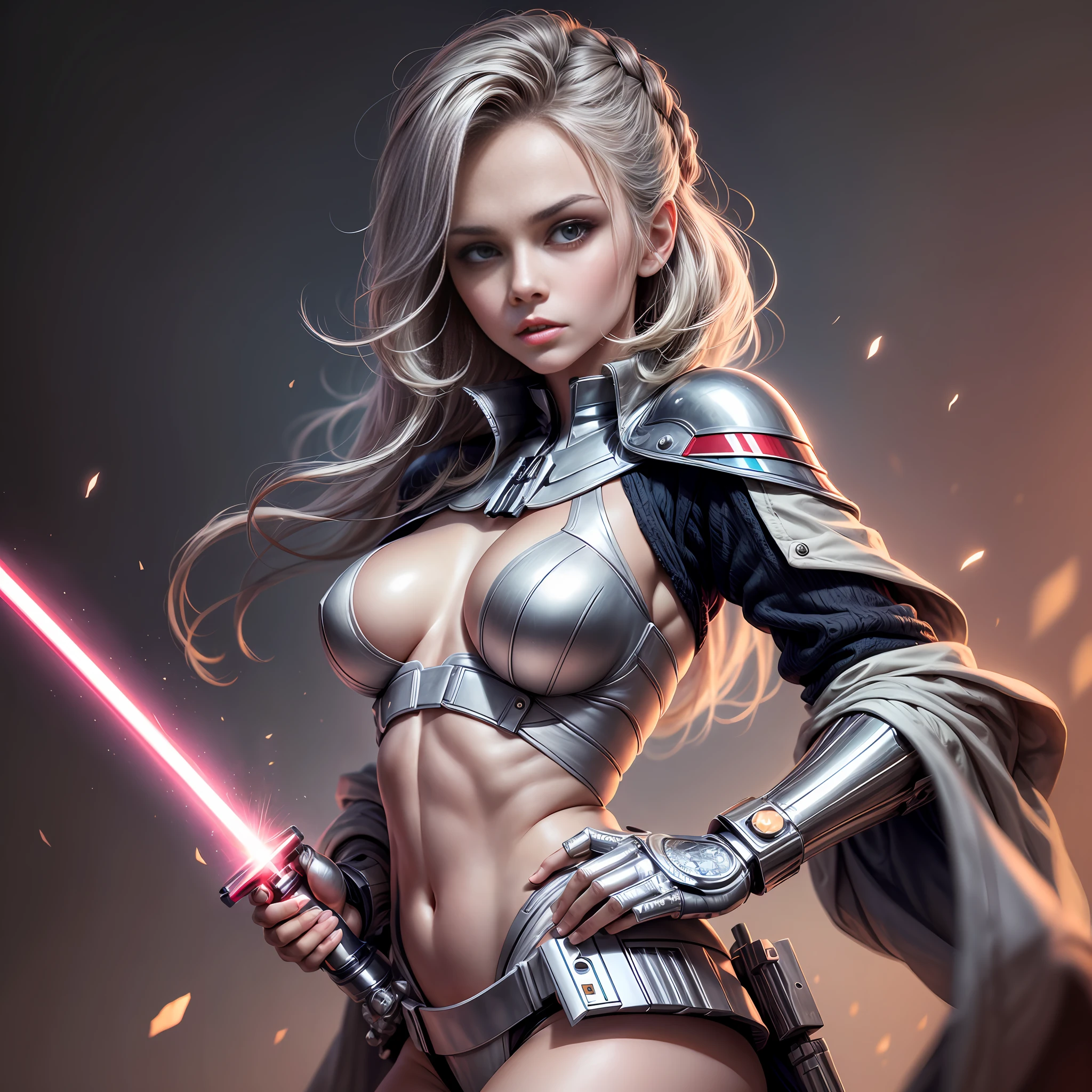 (woman holding one lightsaber in her right hand), only one laser, ((handle size is the size that can be held in the hand)), laser coming out of the lightsaber, only one laser, masterpiece, cosmo, top quality, perfect body, one woman, ticker, 4K, high resolution, very delicate eyes and face, sexy body, only one lightsaber, elaborate handle, fine, Thick laser holding handle firmly in hand, laser pointing upwards, intricate details, (shiny skin:1.3),(disheveled hair:1.2), fine background, complex background