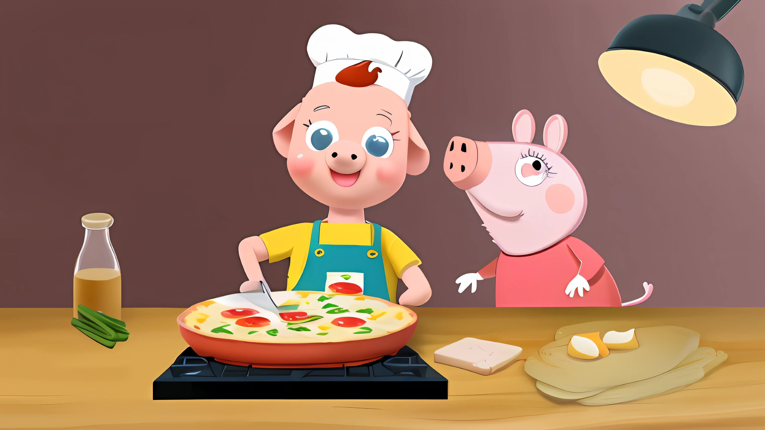 cartoon of a boy and a pig cooking together in a kitchen, cooking show, cooking pizza, of peppa pig, kid, children's cartoon, peppa pig, cooking, kids book illustration, cartoon style illustration, in cartoon style, best chef, yummy, colorful kids book illustration, pichacu cooks a squid, cooking it up, cartoon illustration