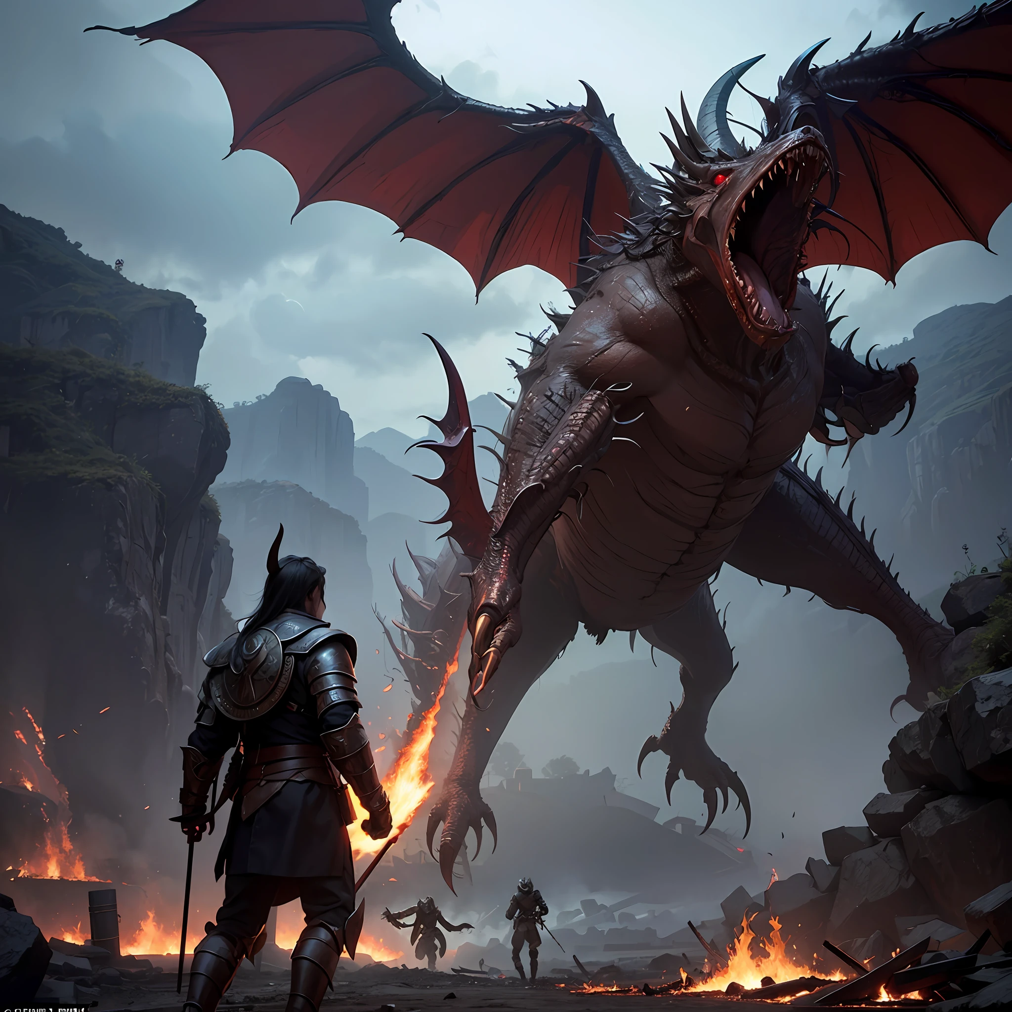 Norse, ancient city, on fire, war between angels in armor and monsters --- demons--an infestation of monsters with wings and horns--people fleeing--- HDR movie scene--MAXIMUM quality -- hyper-realism--maximum deralhes --Realism