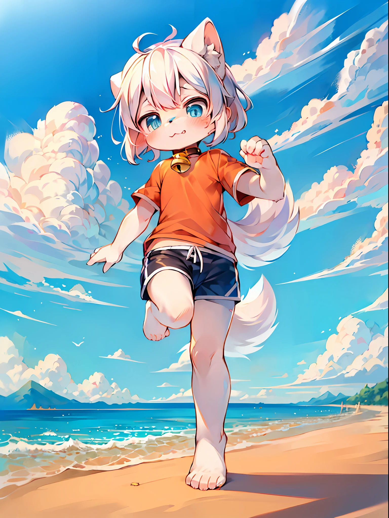 Masterpiece, high quality, absurd resolution, digital painting \ (artwork \), by dagasi, yupa, kiyosan, (fluffy fur, white fur, full body fur,), boys, blue eyes, white hair, short hair, shorts, barefoot, running, bright eyes, panorama, character focus. Detailed background, beach, sea, cloud background, (bell, pet collar, short sleeves: 1.2)
